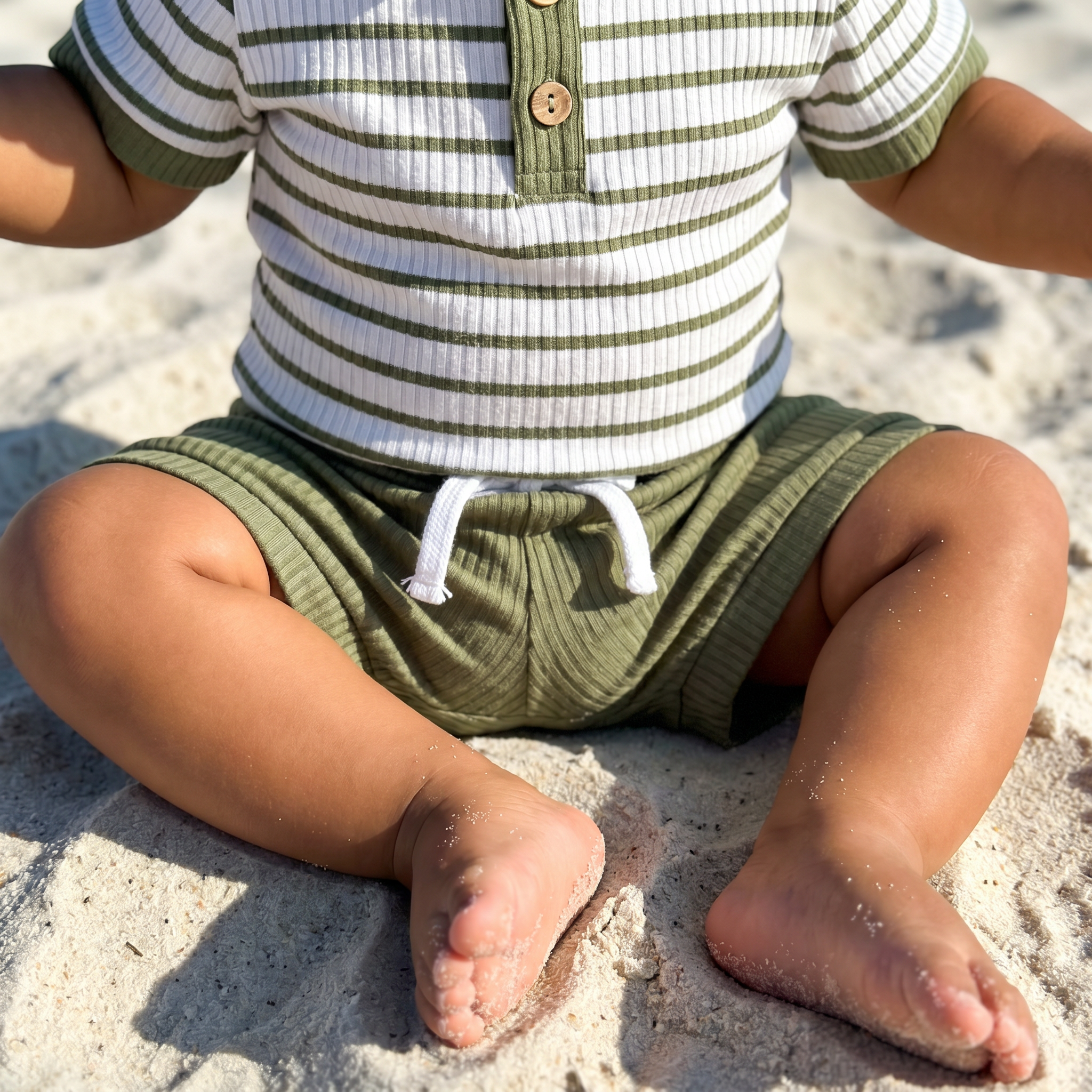 Striped Bodysuit & Shorts Set in Olive Green