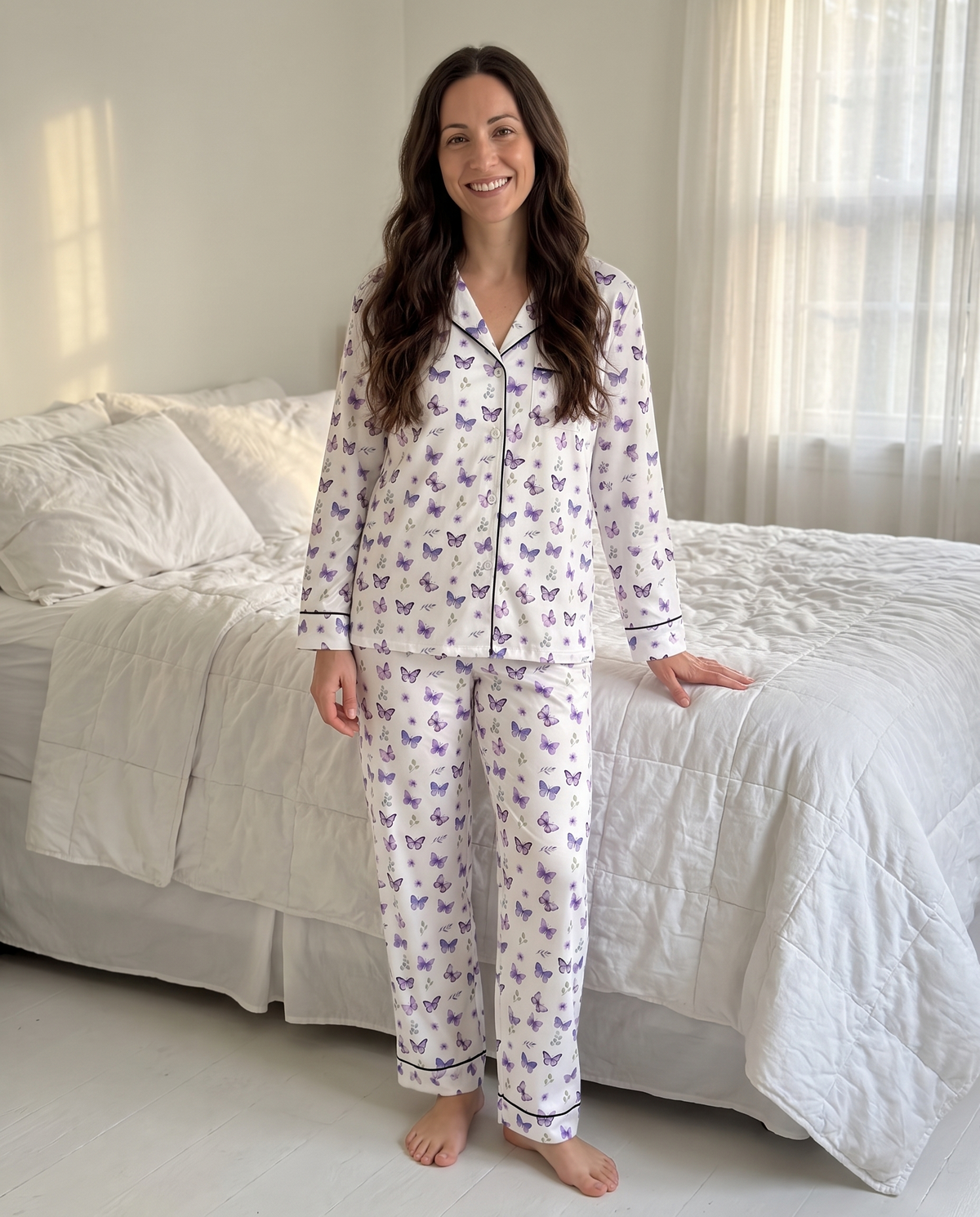 Long-Sleeved Women's Pajama Set in Purple Butterfly