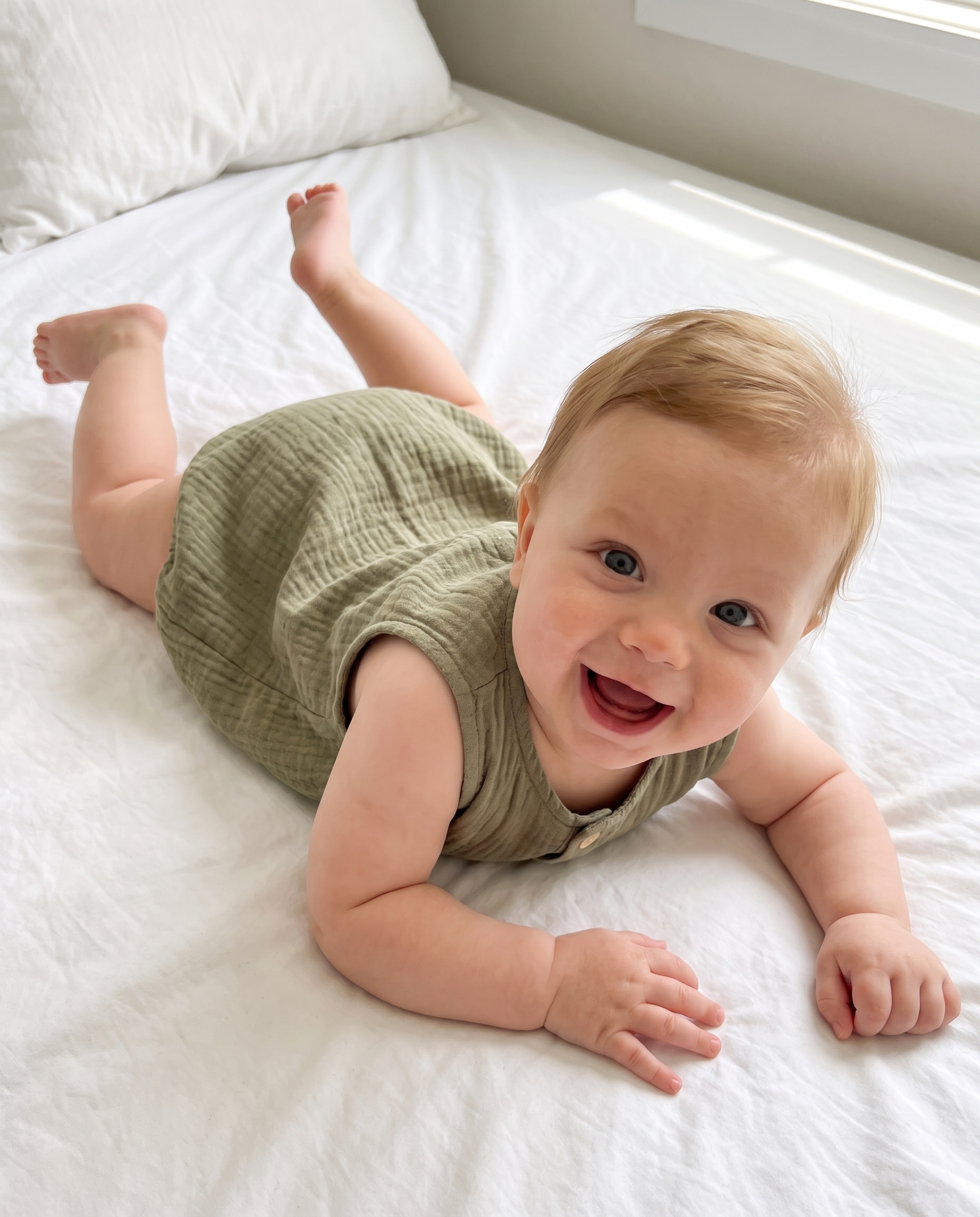 Sleeveless Muslin Bubble Romper in Gray Green