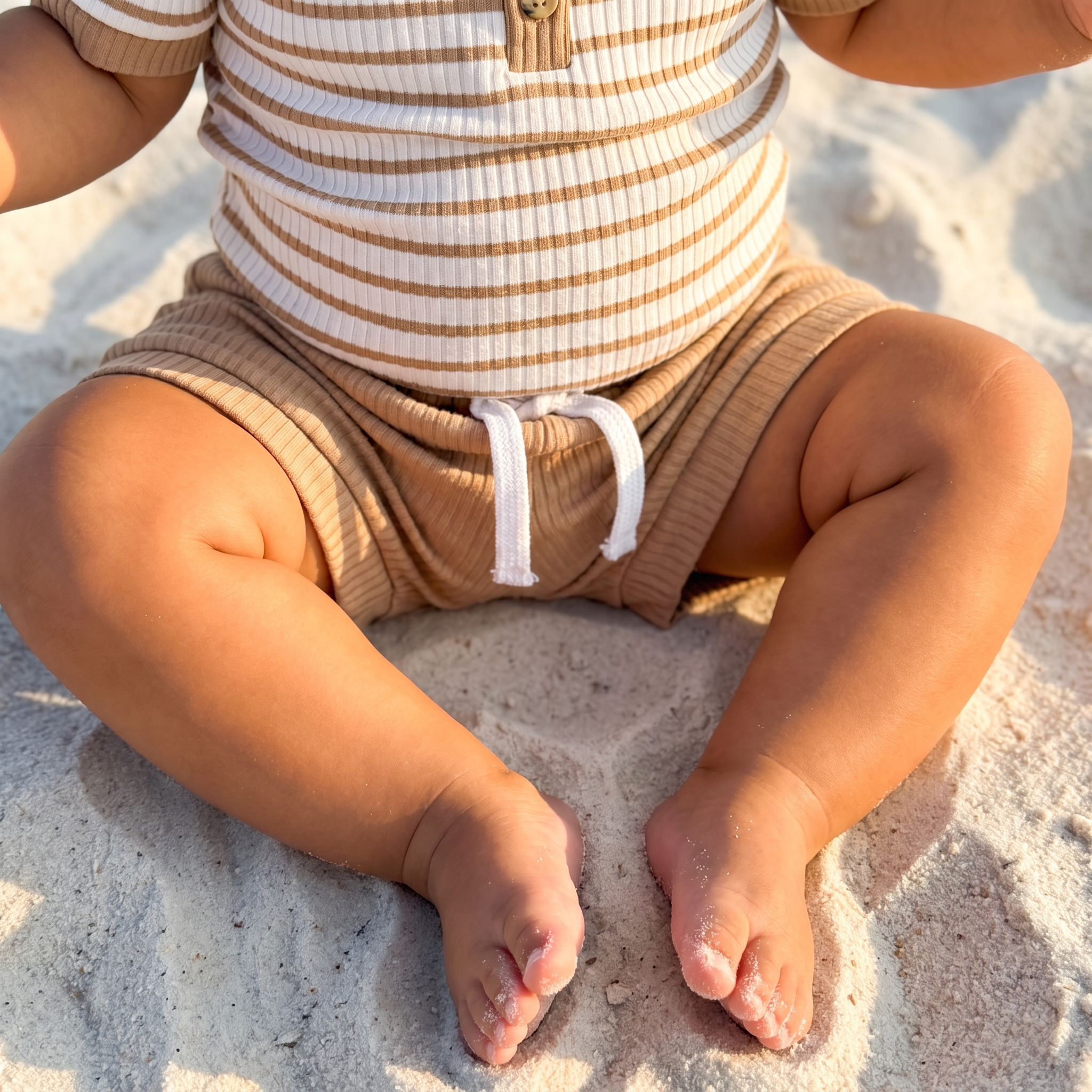 Striped Bodysuit & Shorts Set in Camel
