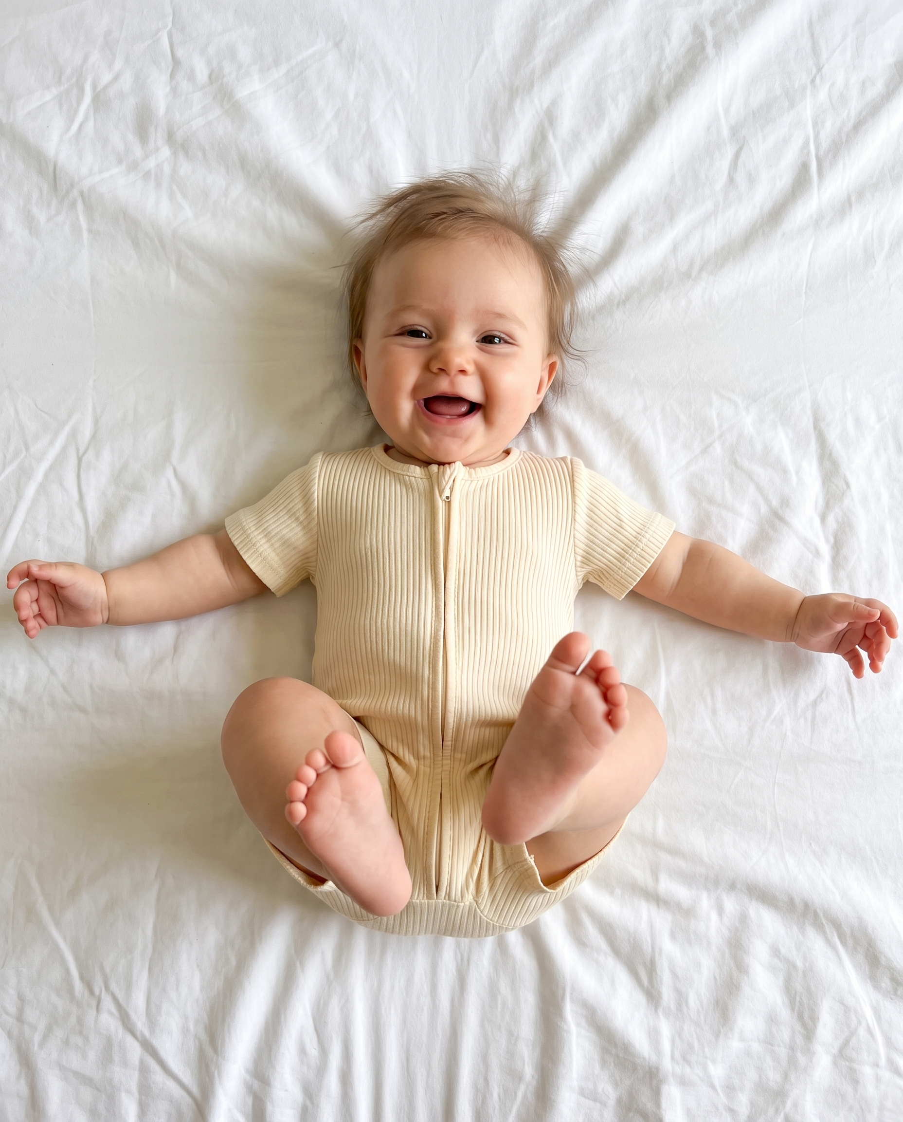 Short-sleeved Ribbed Zip Romper in Beige