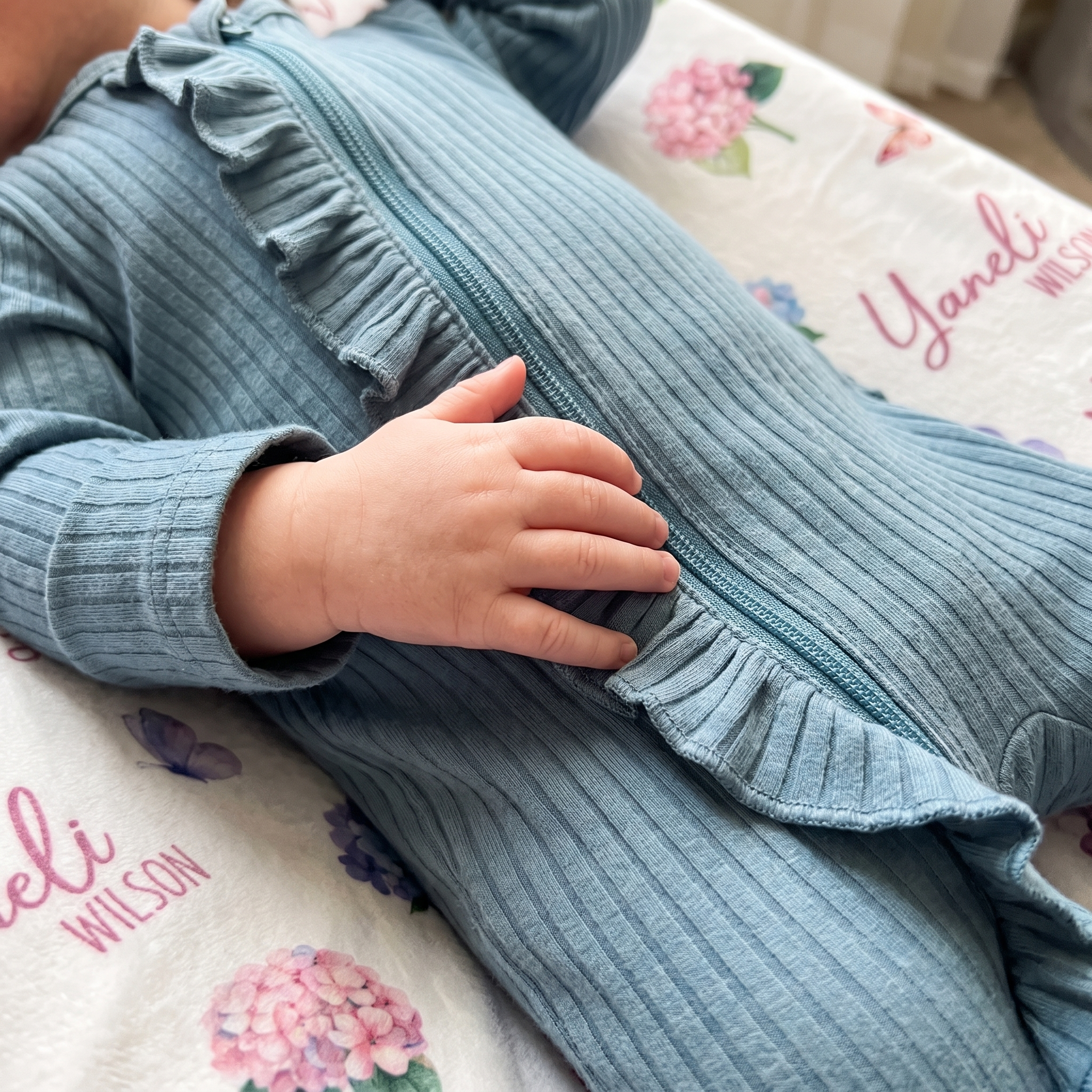 Ruffle Zipper Footie in Silver Grey