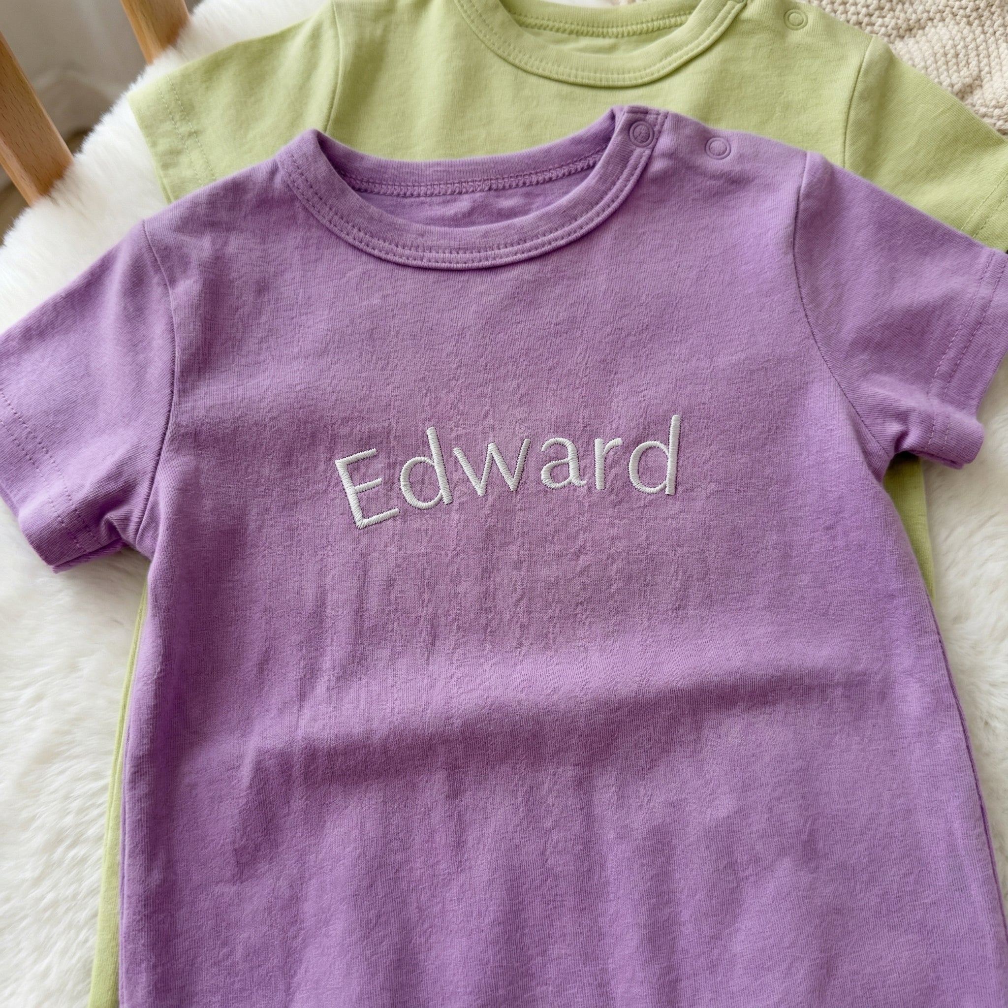 Embroidered Short Sleeve Snap Romper in Lilac Mist