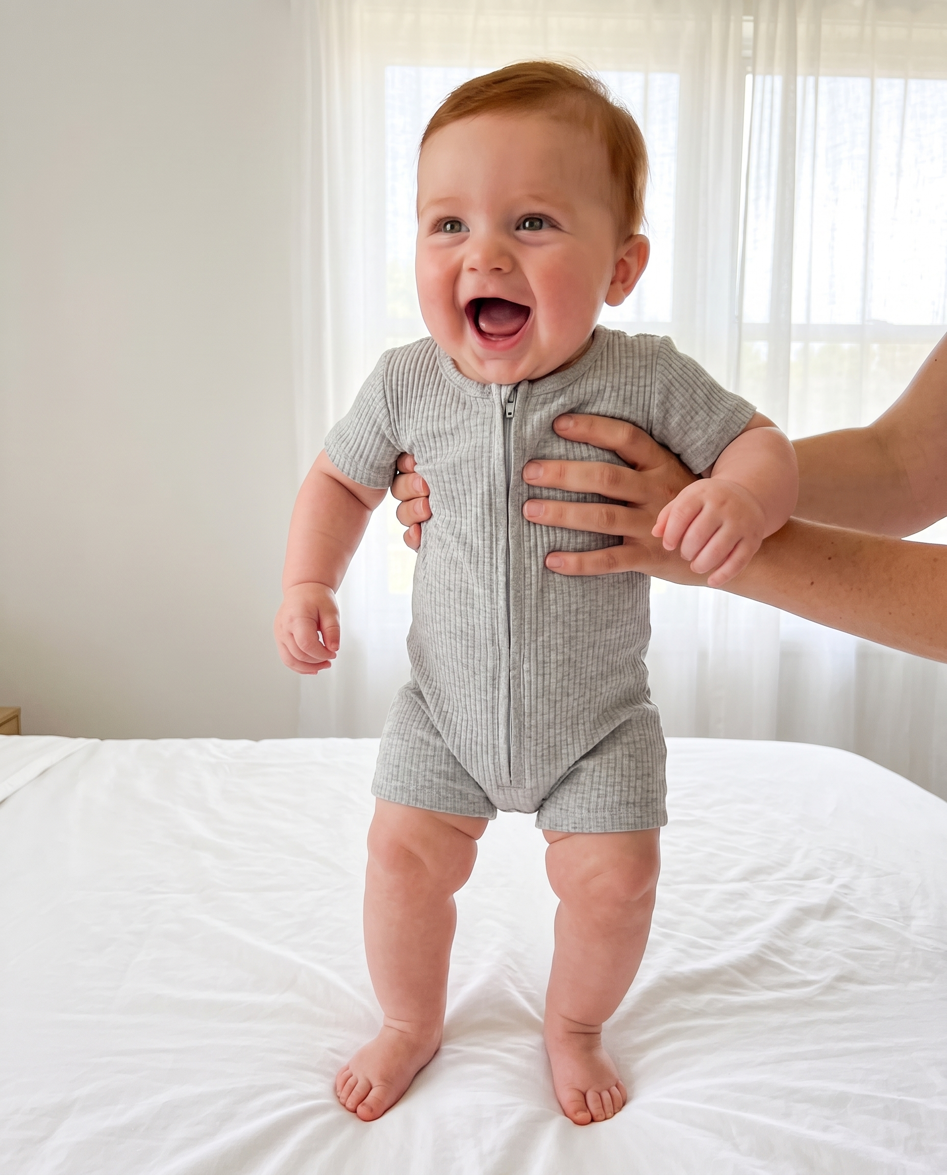 Short-sleeved Ribbed Zip Romper in Gray