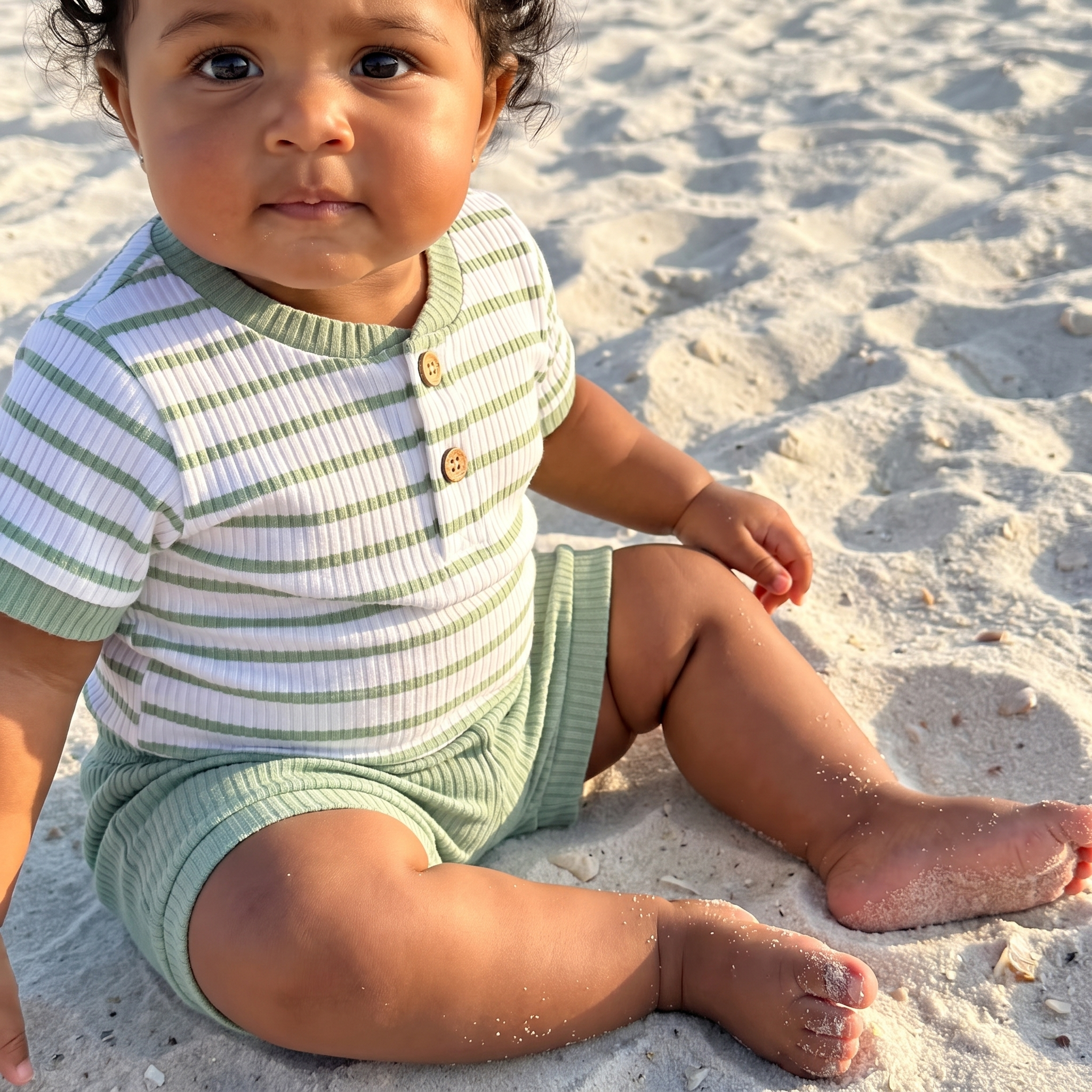Striped Bodysuit & Shorts Set in Light Green