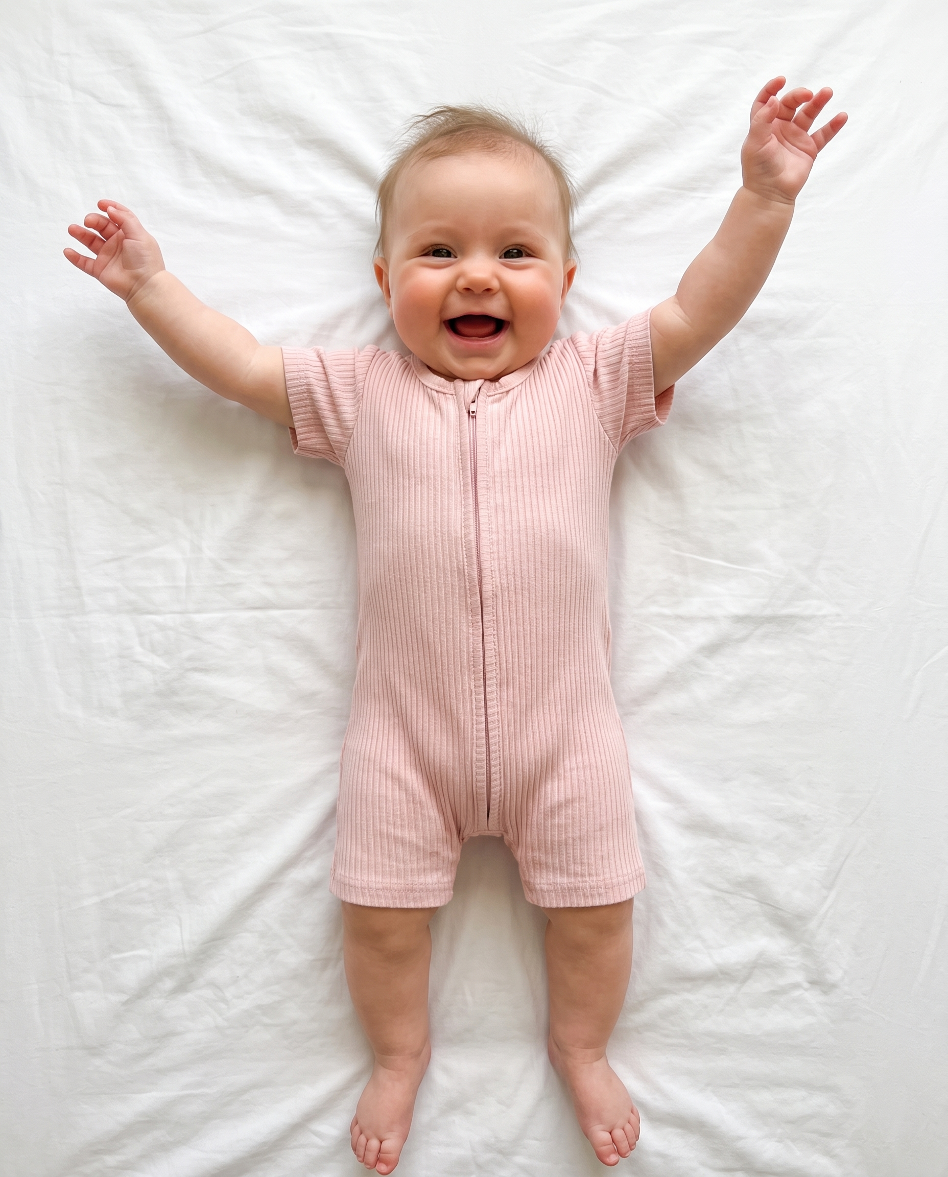 Short-sleeved Ribbed Zip Romper in Pink