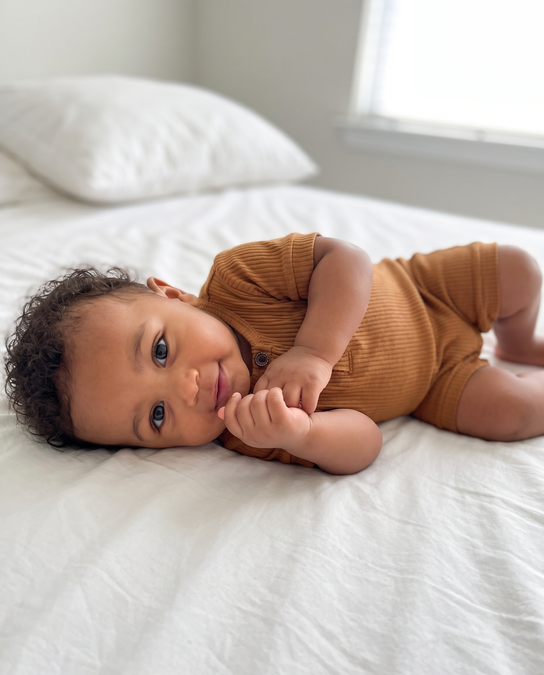 Ribbed Short-sleeved Snap Romper in Brown