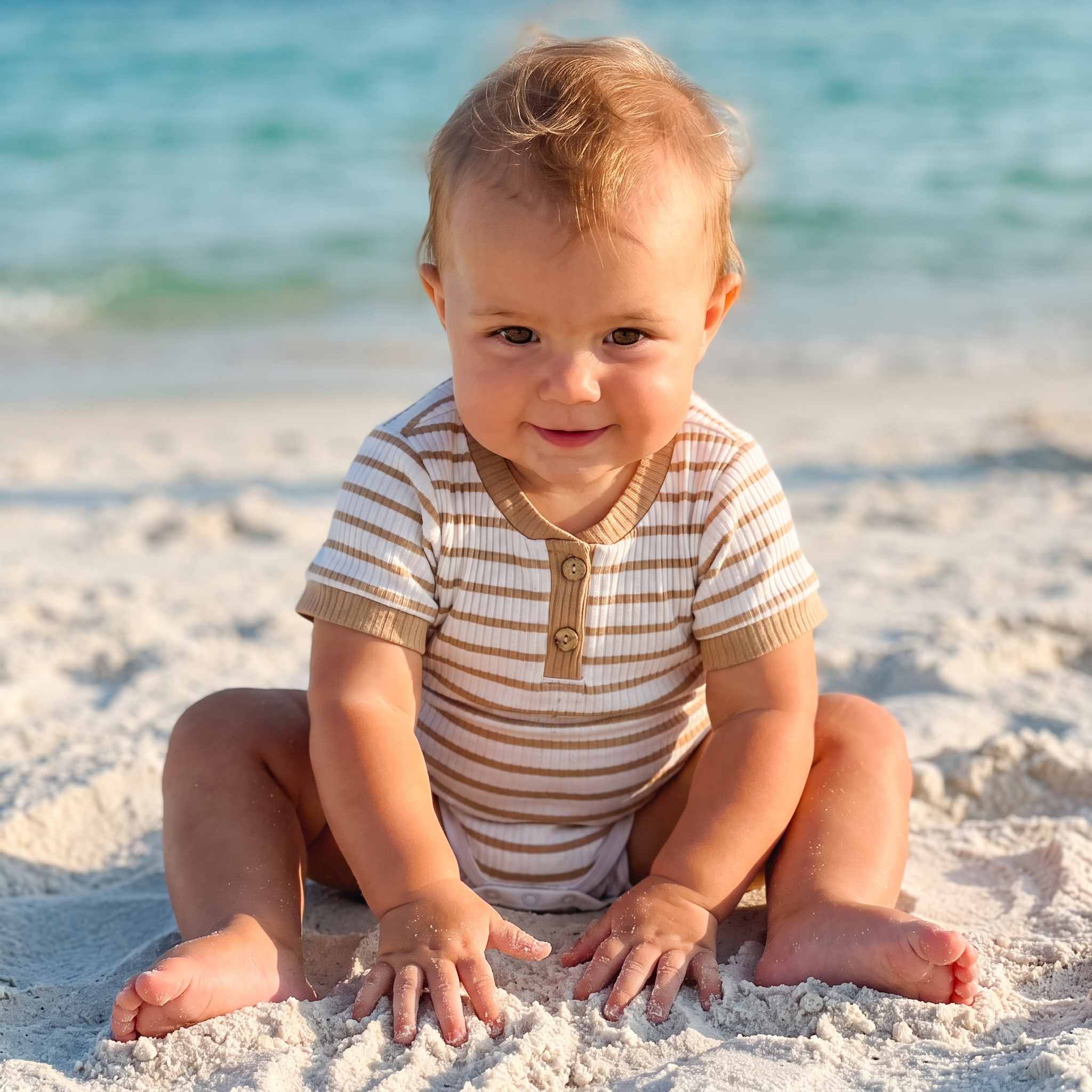 Striped Bodysuit & Shorts Set in Camel