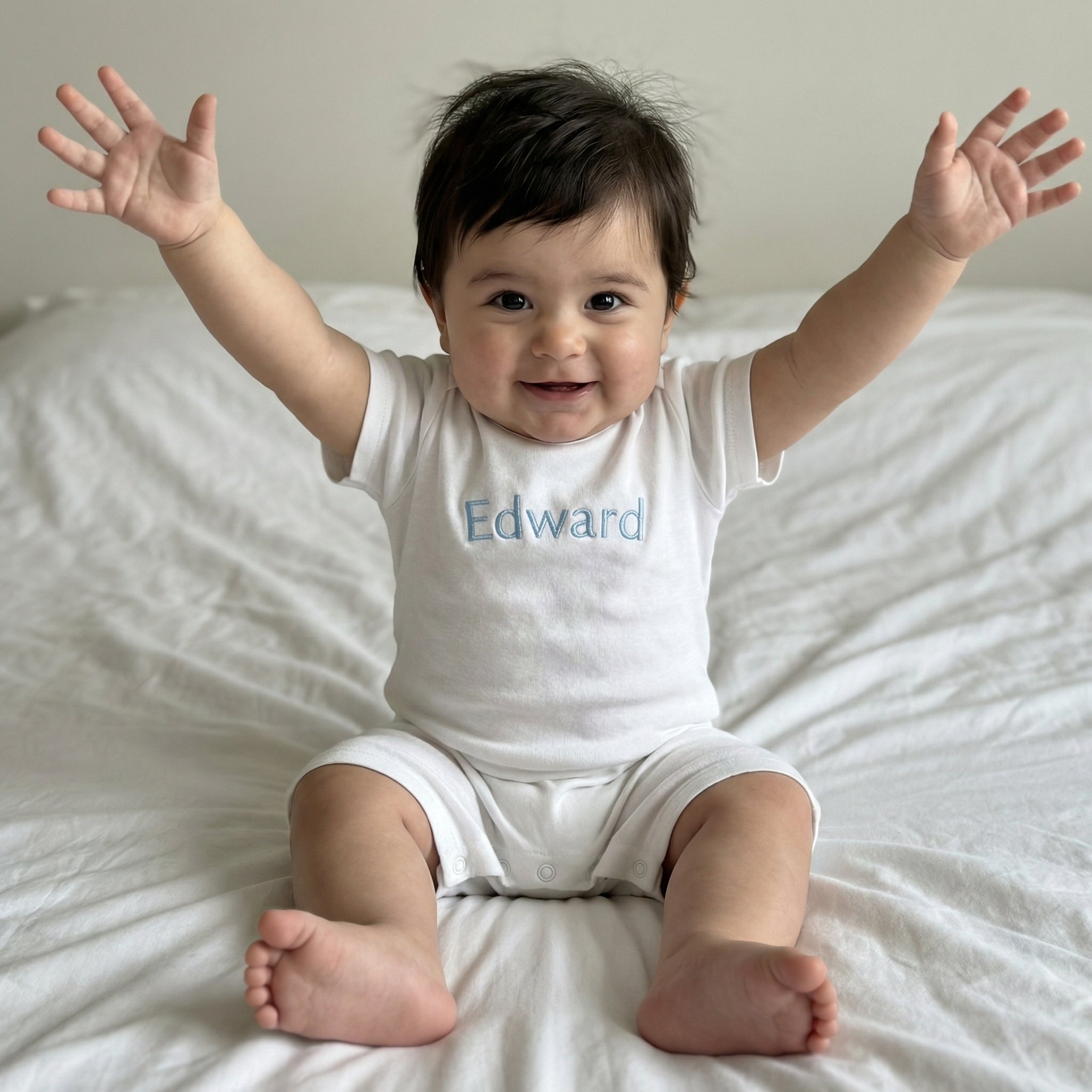 Embroidered Short Sleeve Snap Romper in Cloud