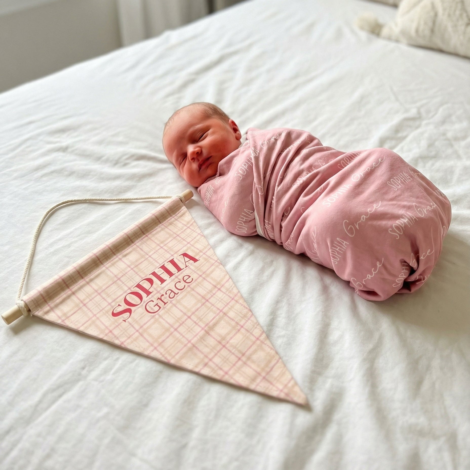Name Triangle Pennant in Rose Plaid