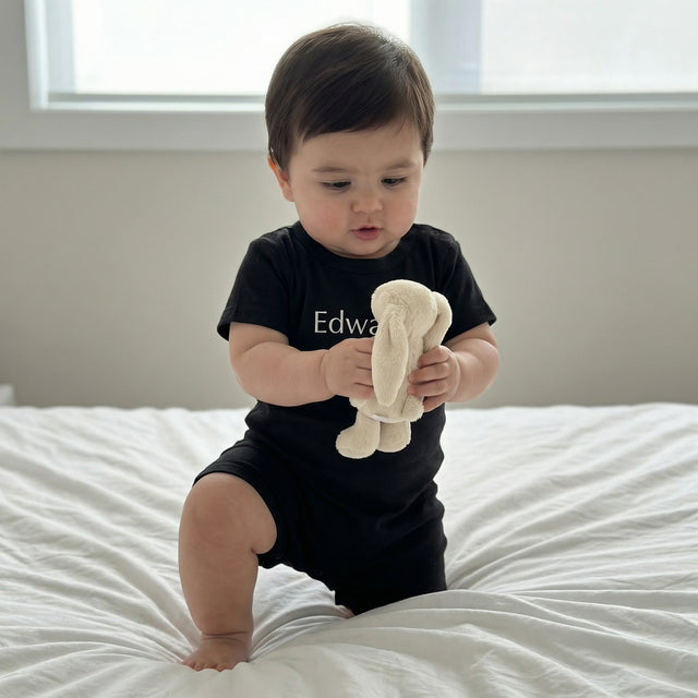 Embroidered Snap Romper in Black