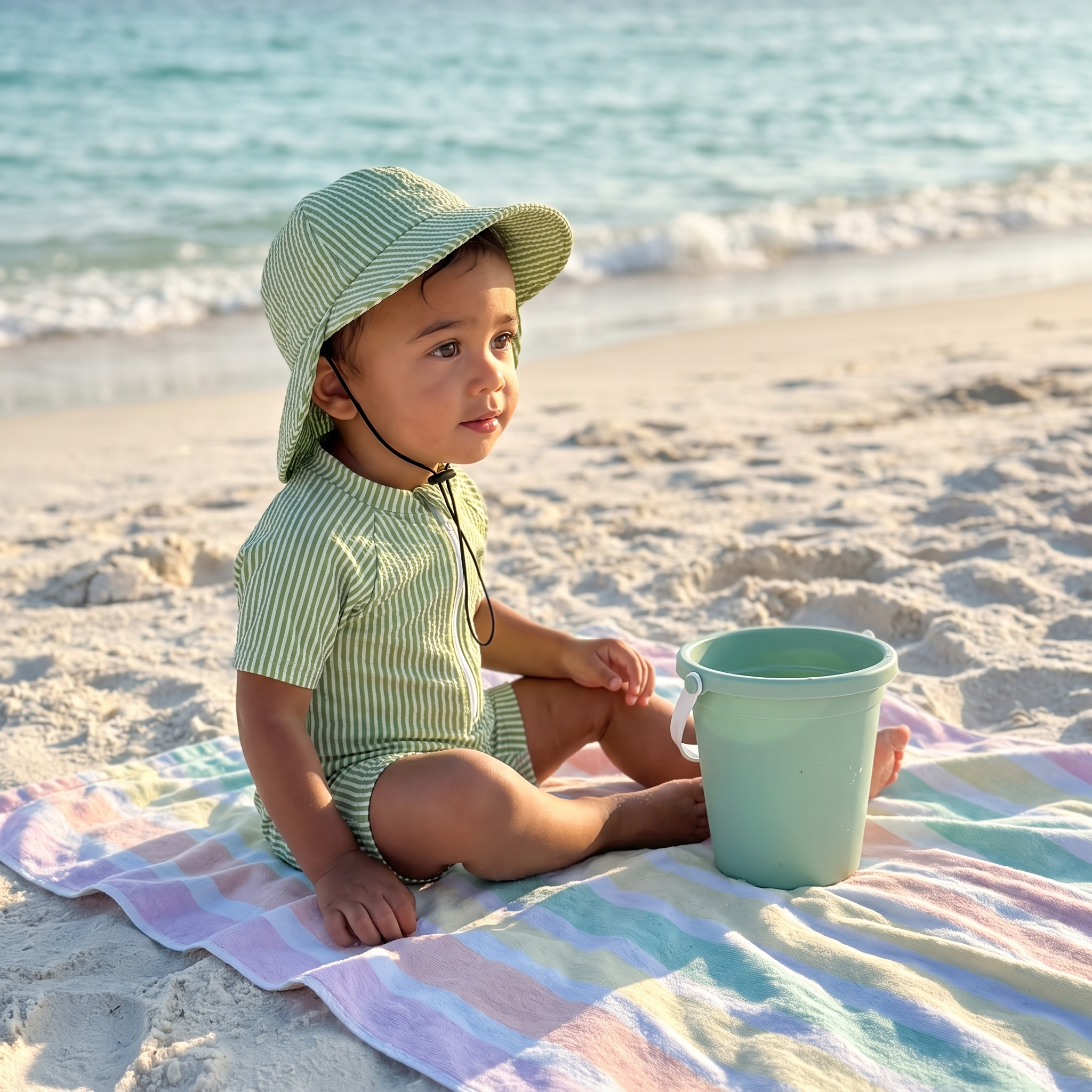 Striped Swim Romper with Hat in Green