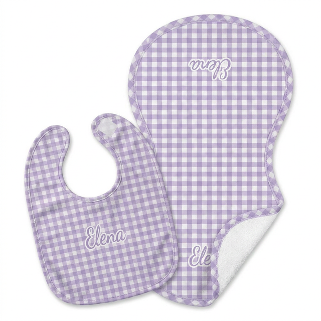 Personalized Bib and Burp Cloths in Lilac Gingham