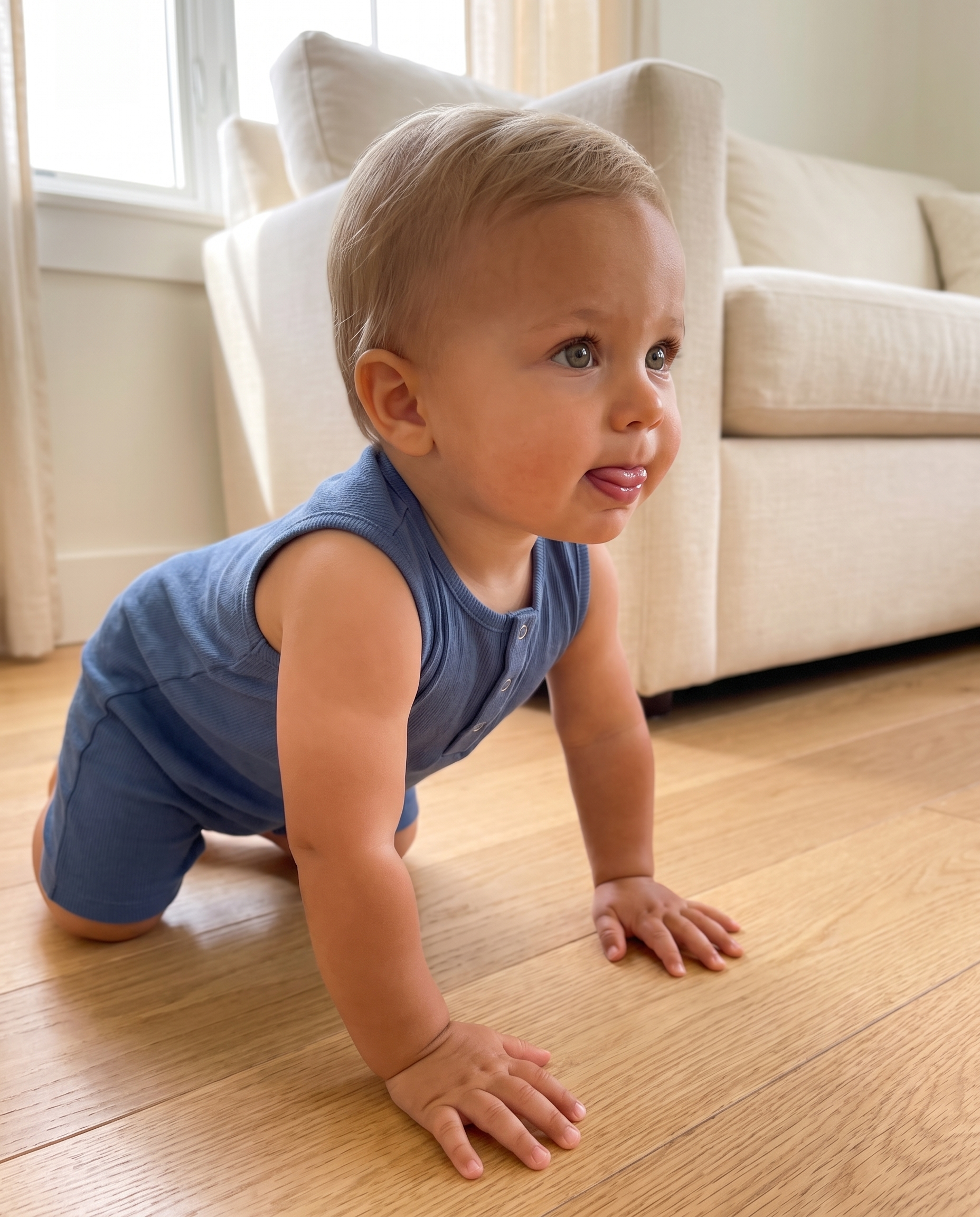 Sleeveless Snap Romper in Gray Blue