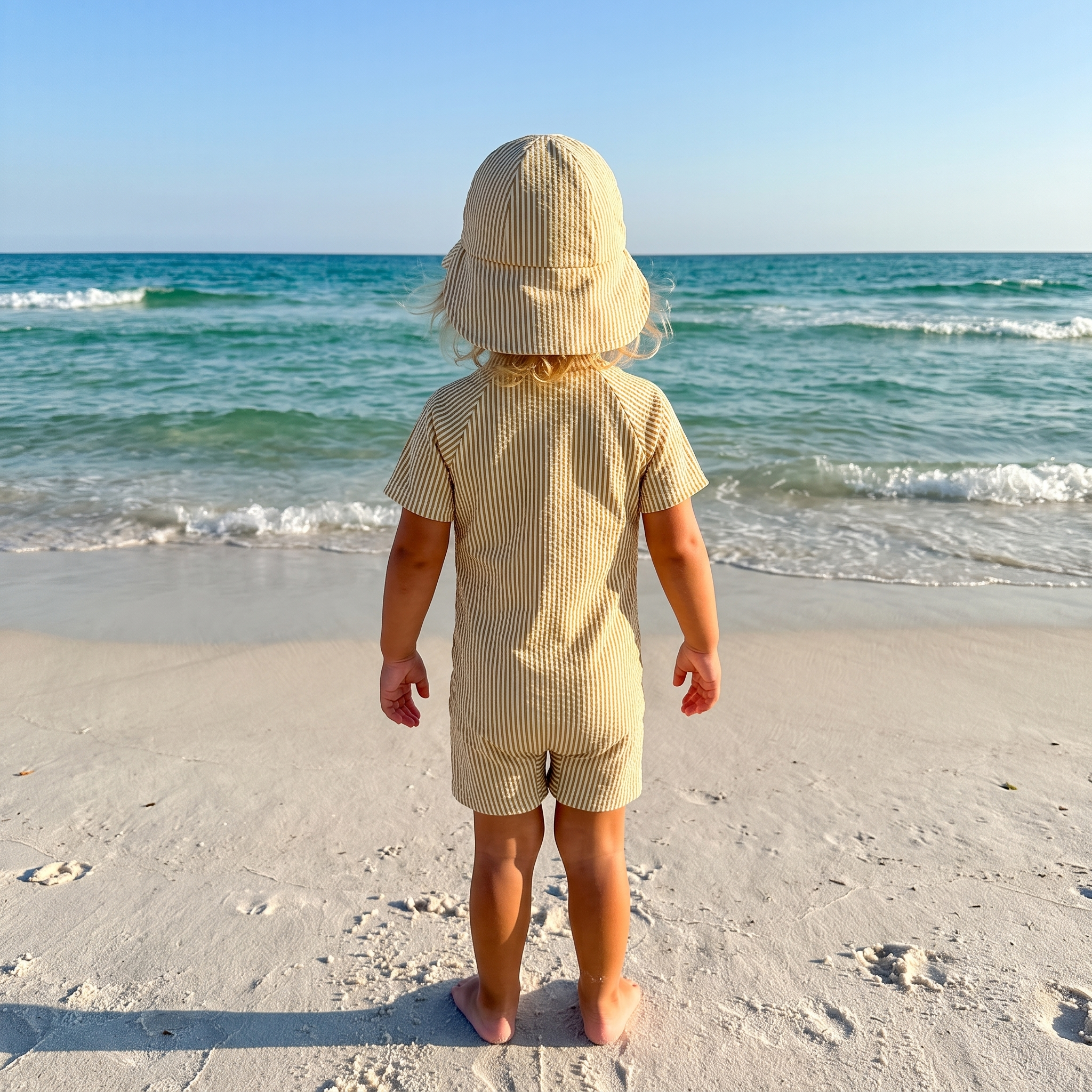 Striped Swim Romper with Hat in Khaki