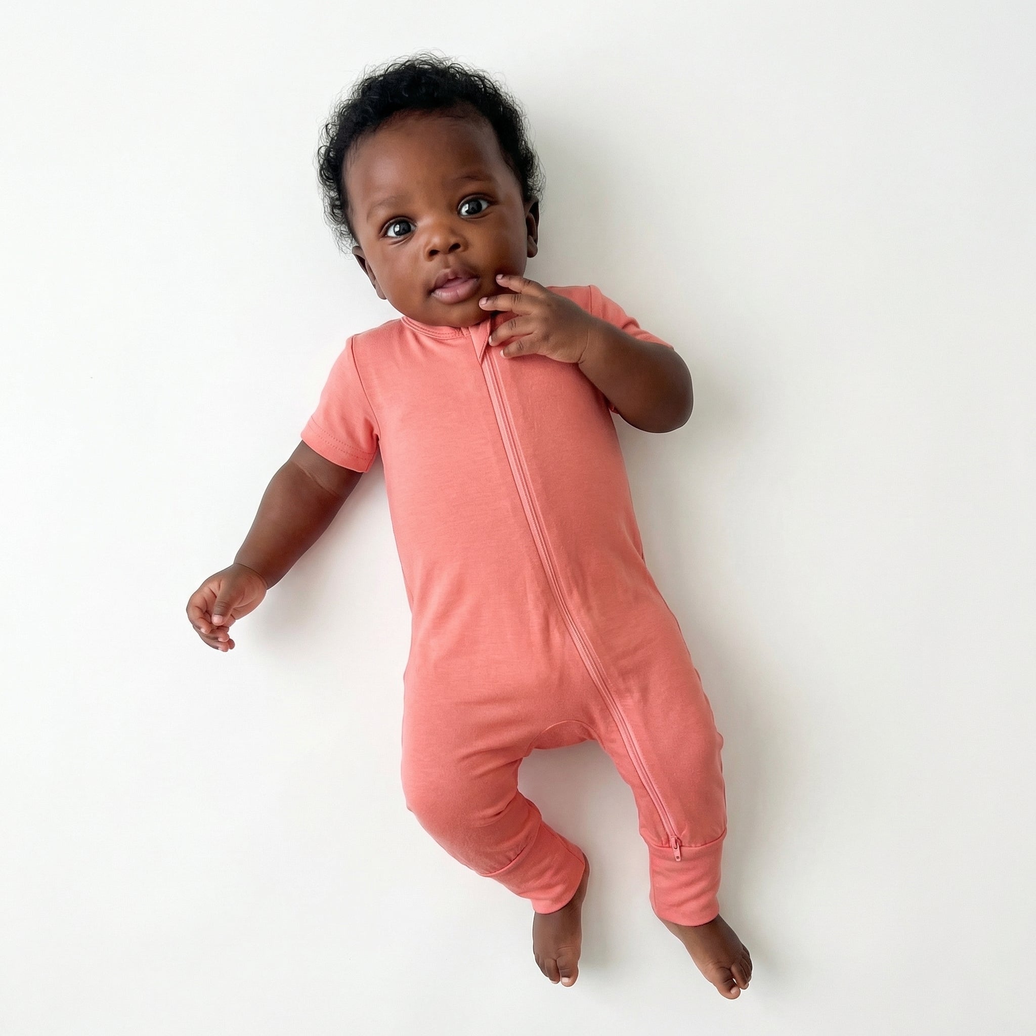 Short Sleeves Zip Romper in Coral Pink