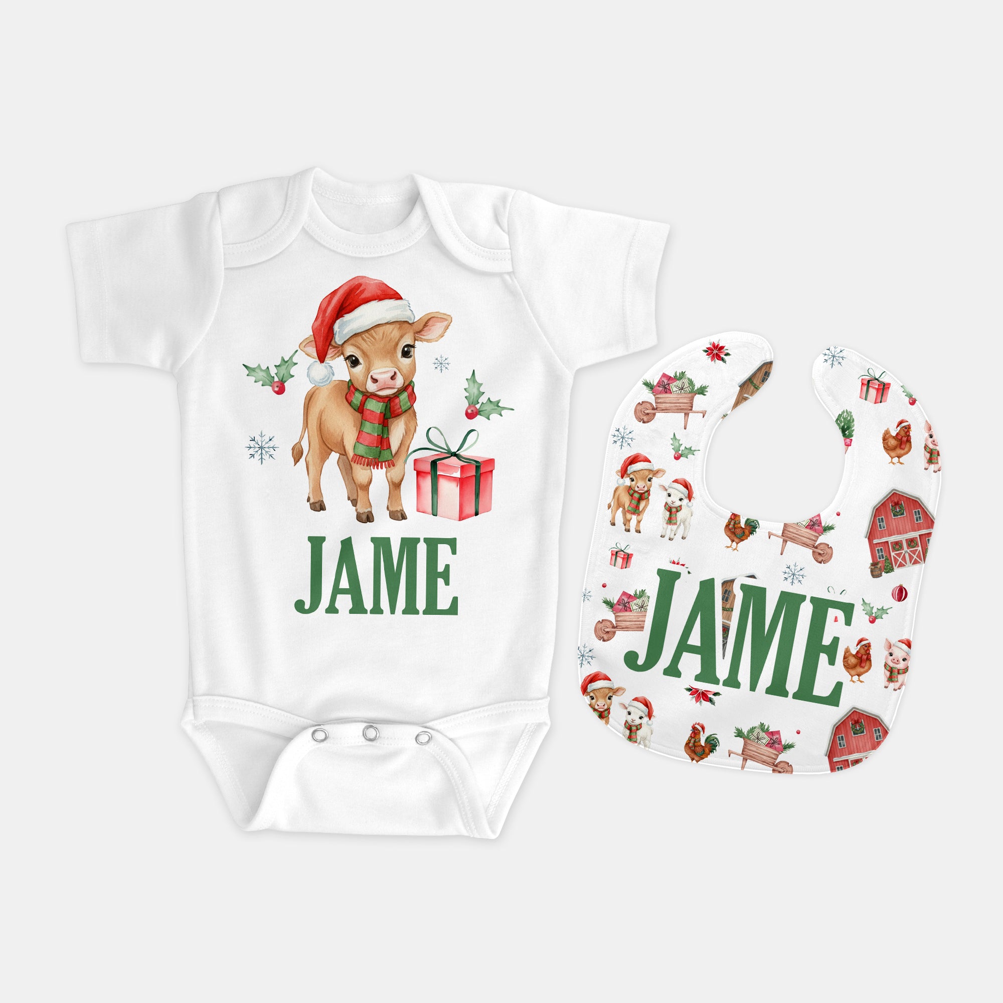 Personalized Bib and Burp Cloth Set in Xmas Farm