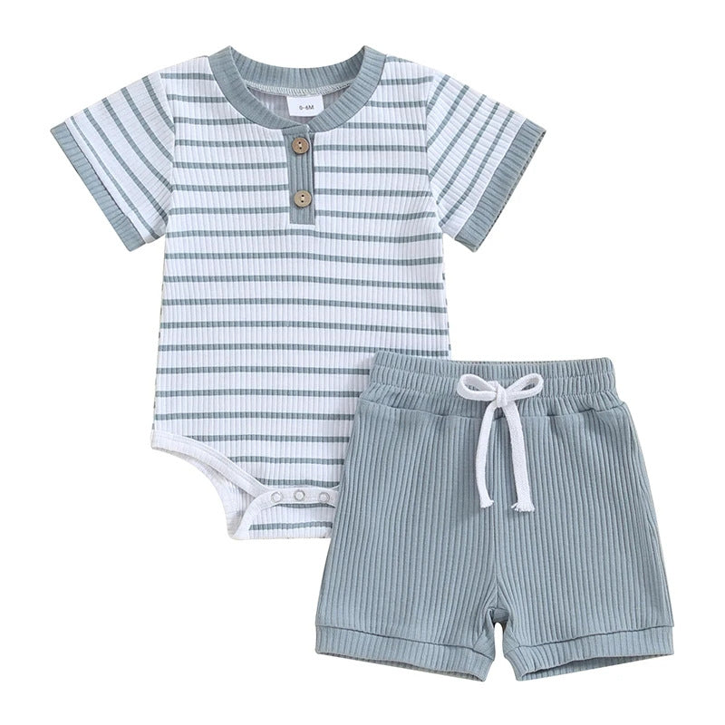 Striped Bodysuit & Shorts Set in Blue Grey