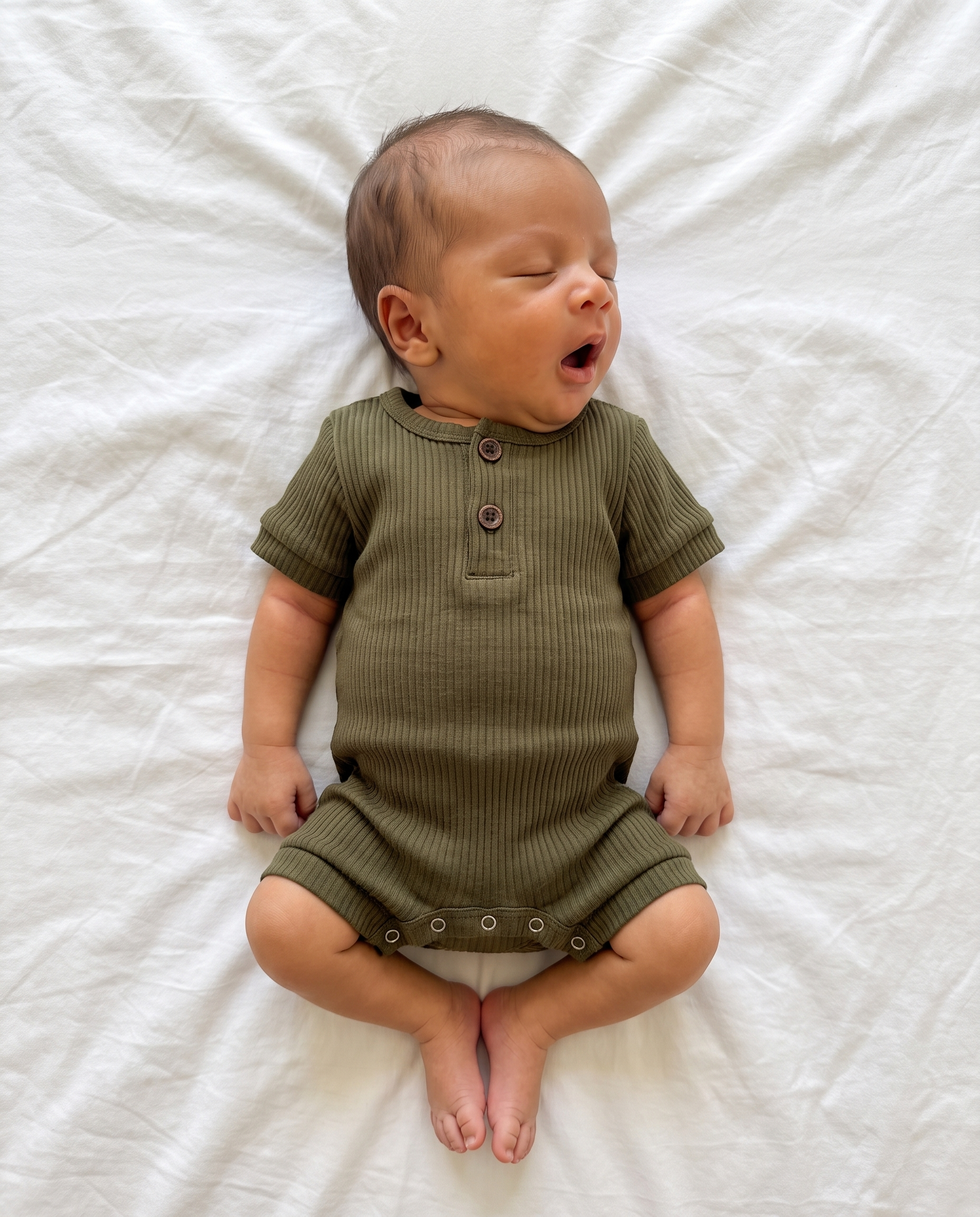Ribbed Short-sleeved Snap Romper in Army Green