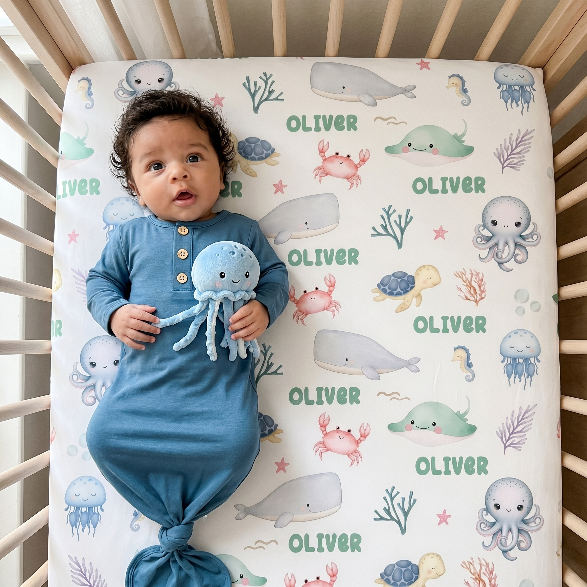 Personalized Crib Sheet in Sea Animals