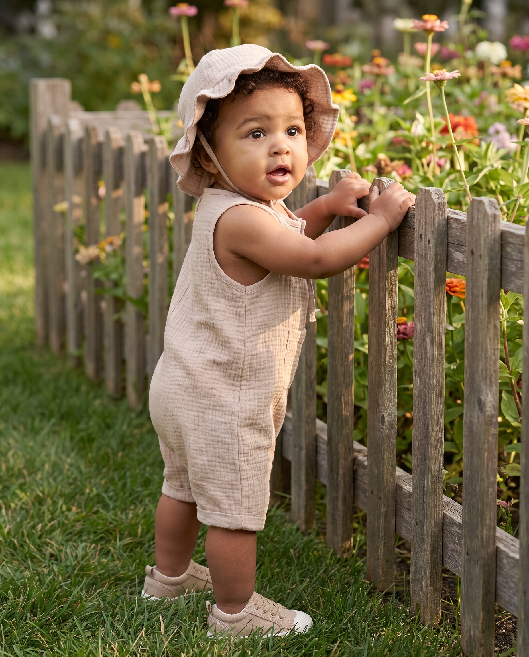 Sleeveless Gauze Snap Romper with Hat in Wheat
