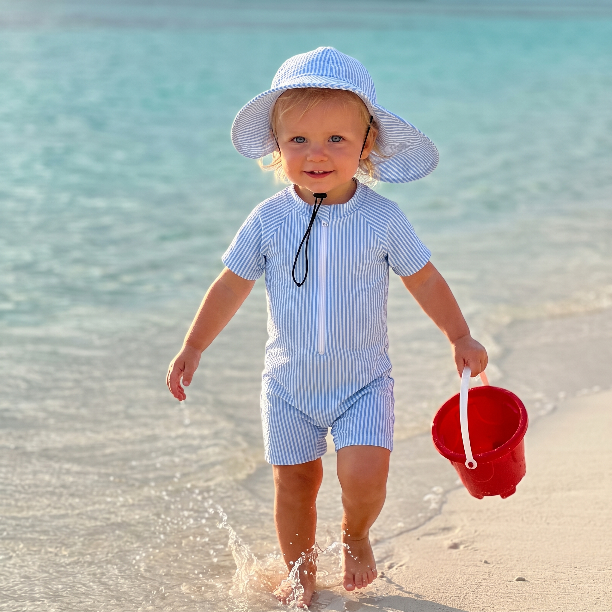 Striped Swim Romper with Hat in Blue