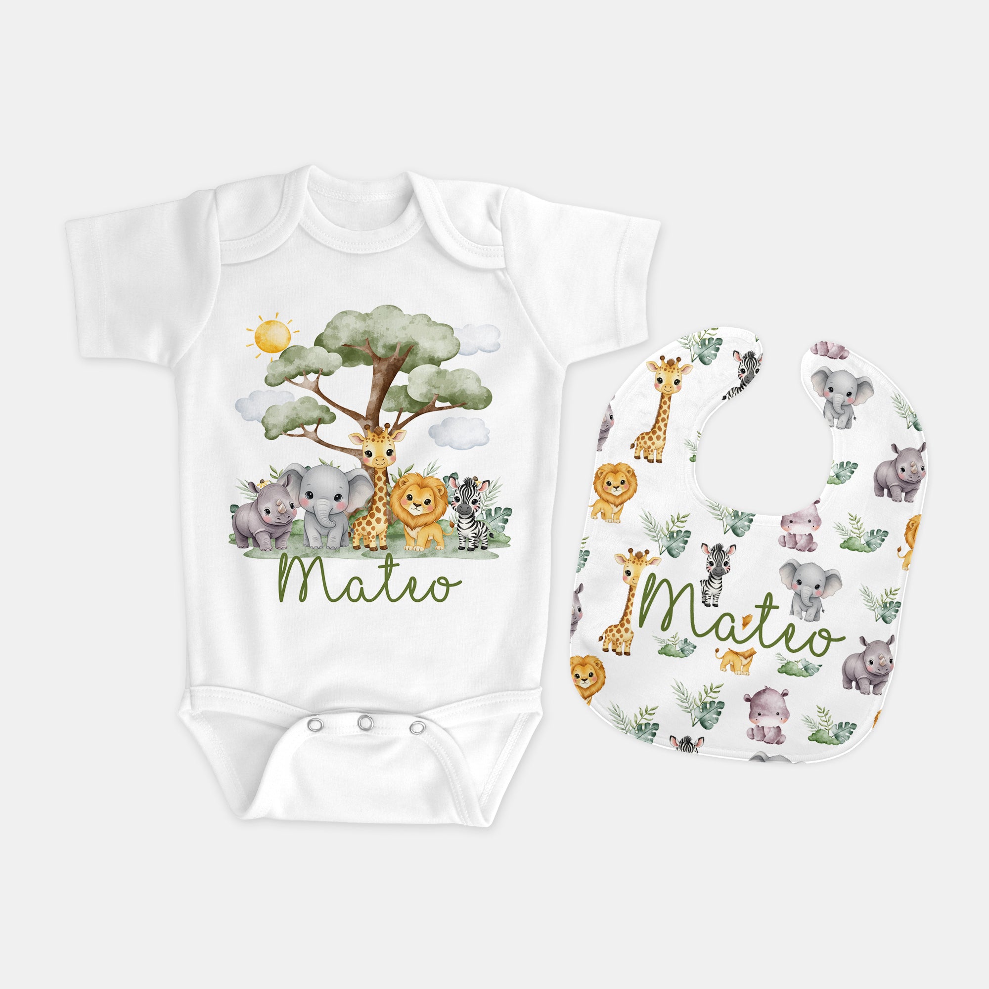 Personalized Bib and Burp Cloth Set in Safari Animal