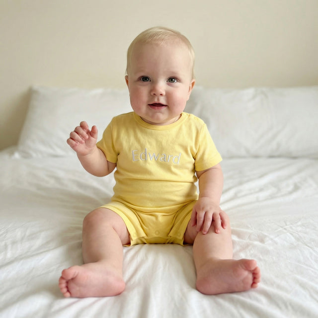Embroidered Snap Romper in Lemon