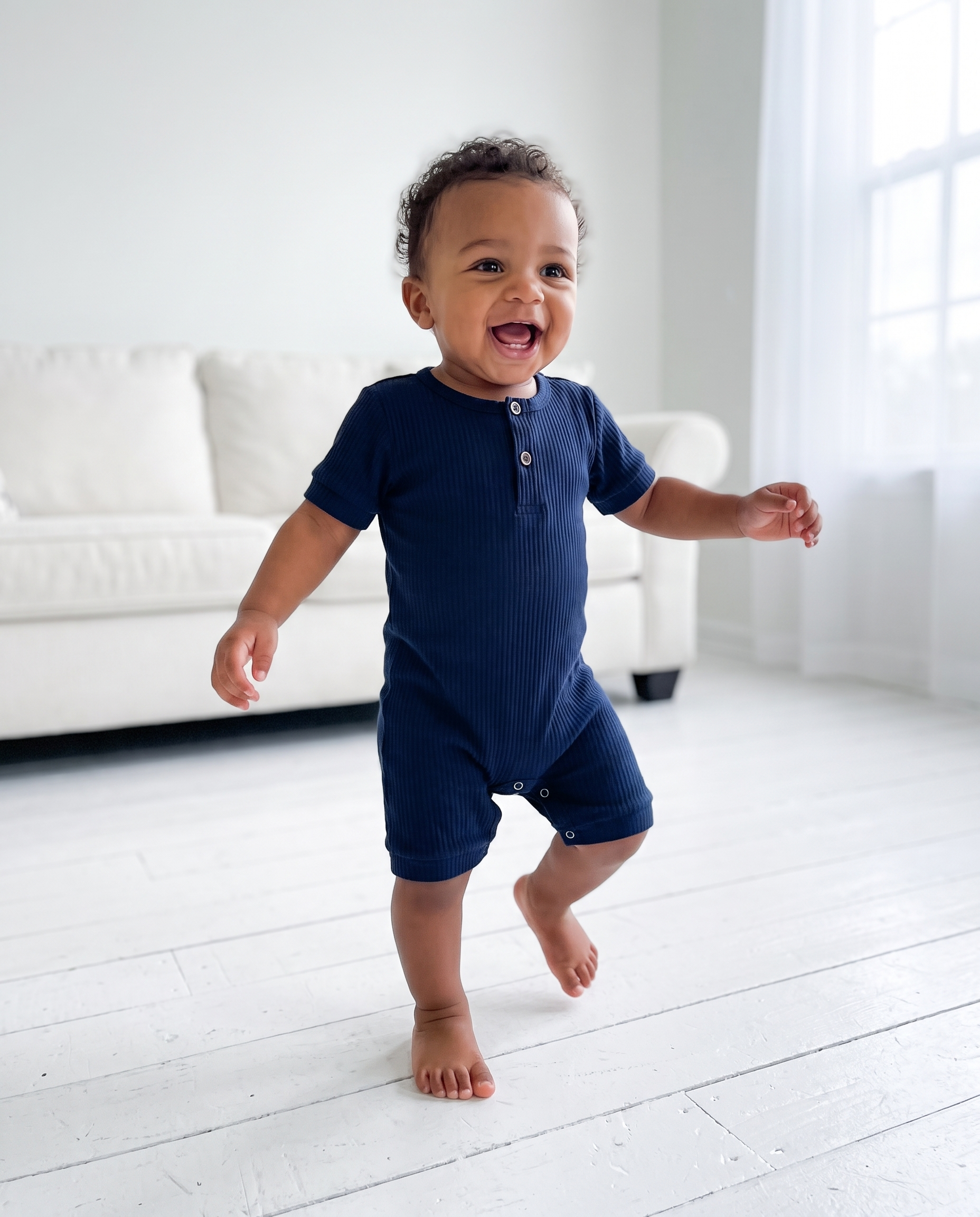 Ribbed Short-sleeved Snap Romper in Navy Blue