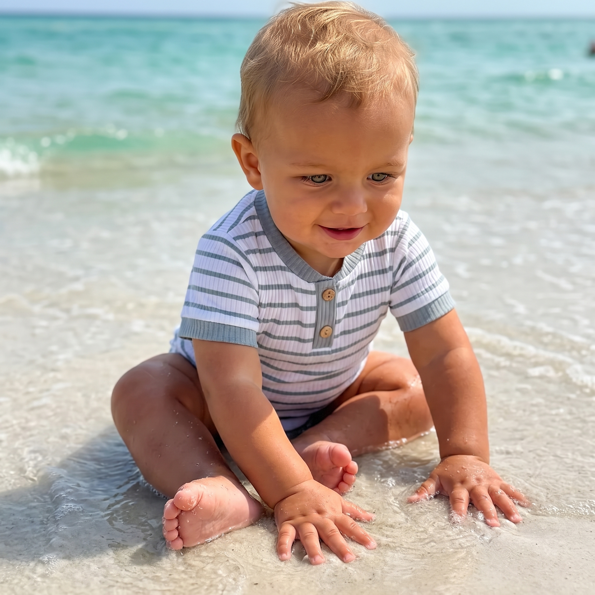 Striped Bodysuit & Shorts Set in Blue Grey