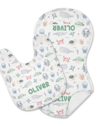 Personalized Bib and Burp Cloths in Sea Animals