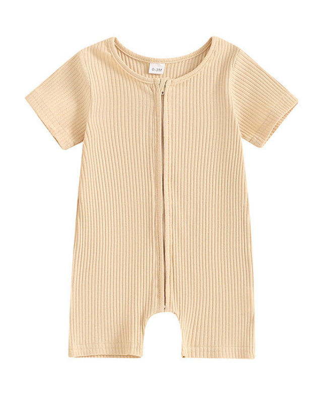 Short-sleeved Ribbed Zip Romper in Khaki