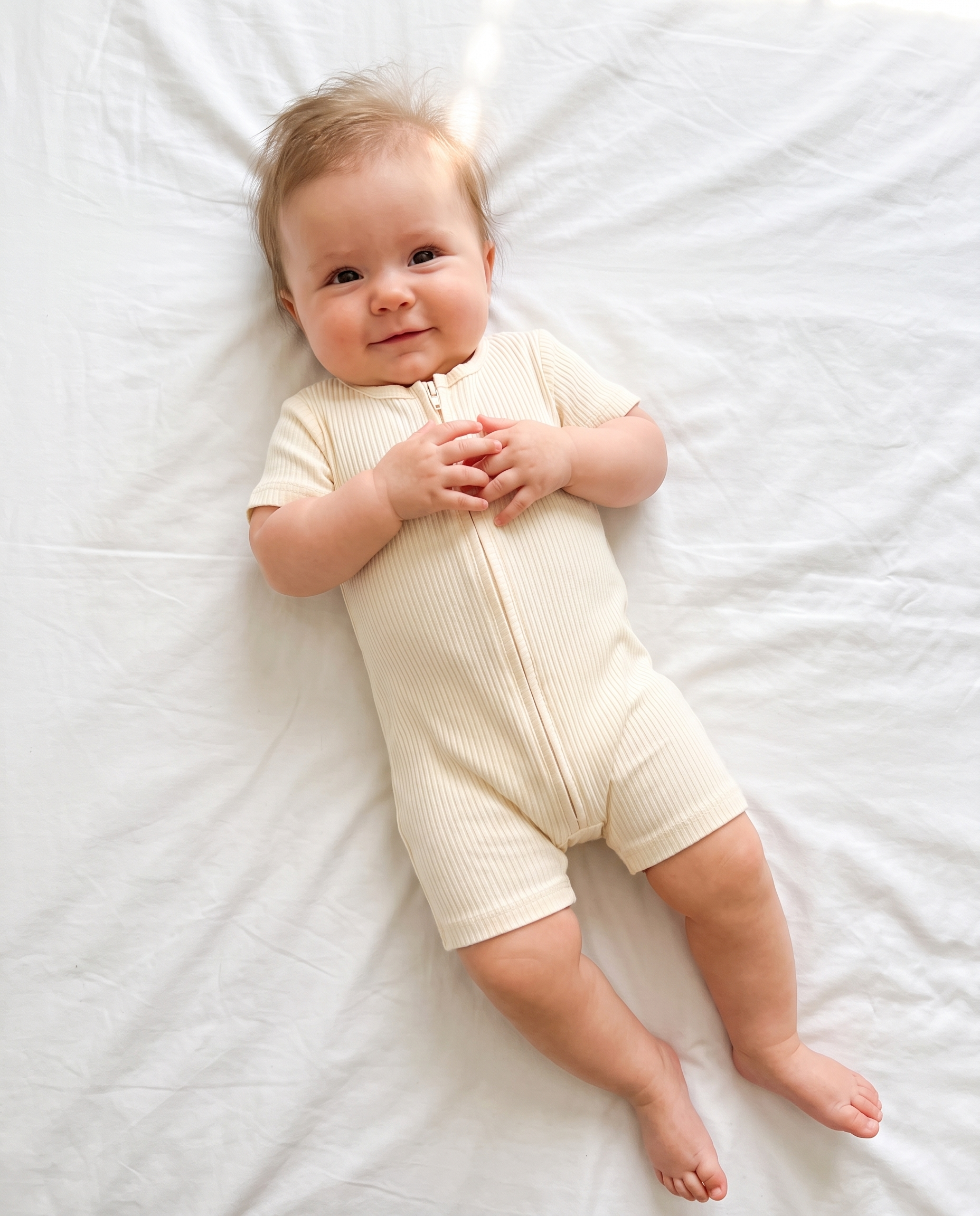 Short-sleeved Ribbed Zip Romper in Beige