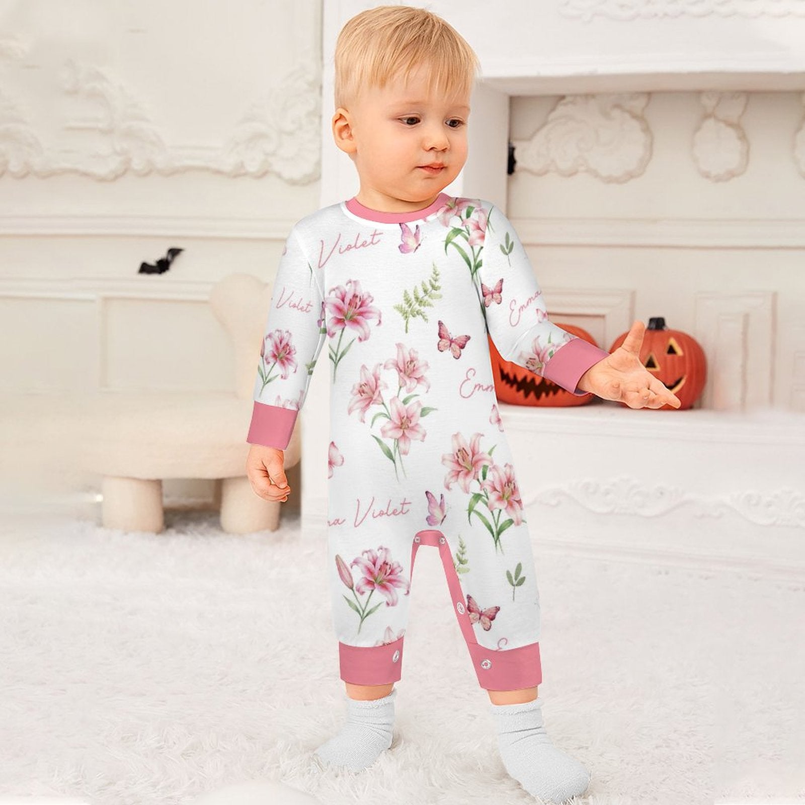 Personalized Baby Long Sleeved Romper in Pink Lilys