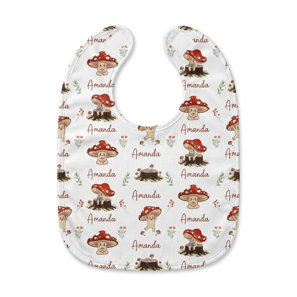 Personalized Bib and Burp Cloths in Mushroom