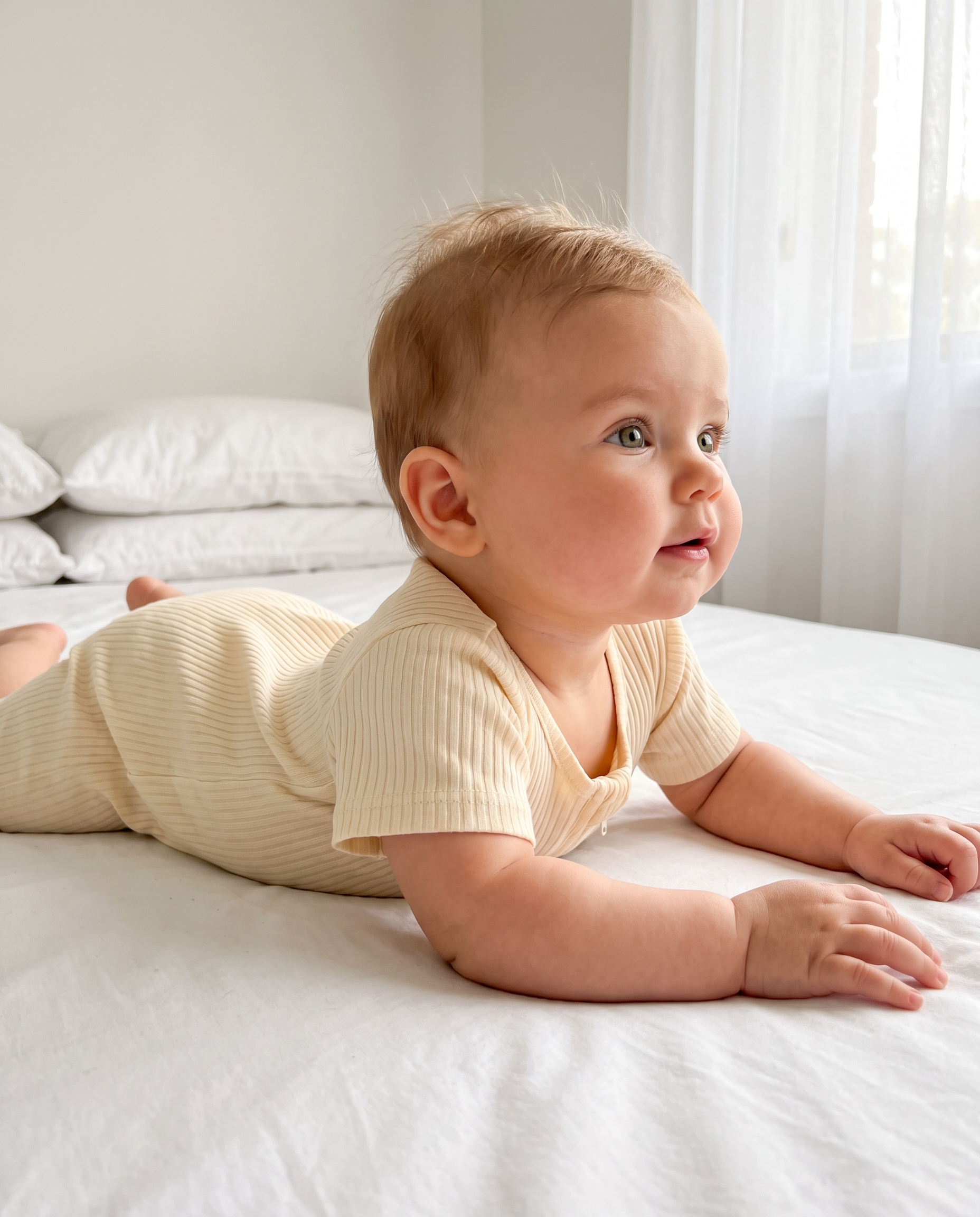 Short-sleeved Ribbed Zip Romper in Beige