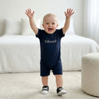 Embroidered Snap Romper in Navy Blue