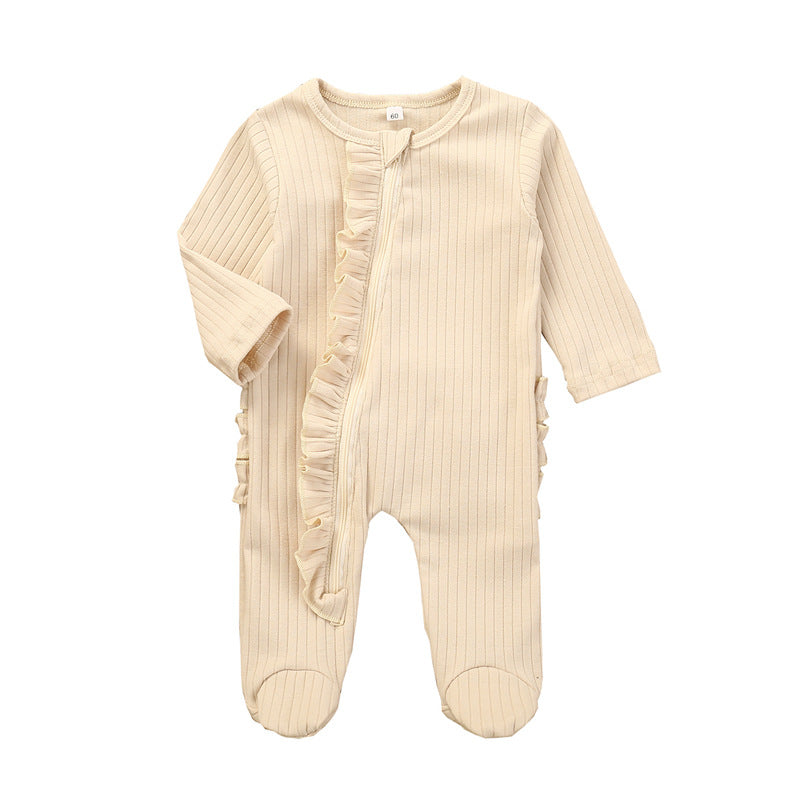Ruffle Zipper Footie in Beige