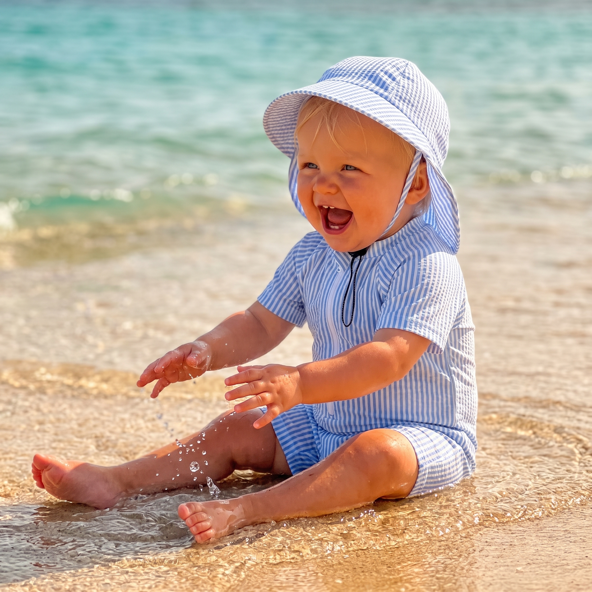 Striped Swim Romper with Hat in Blue