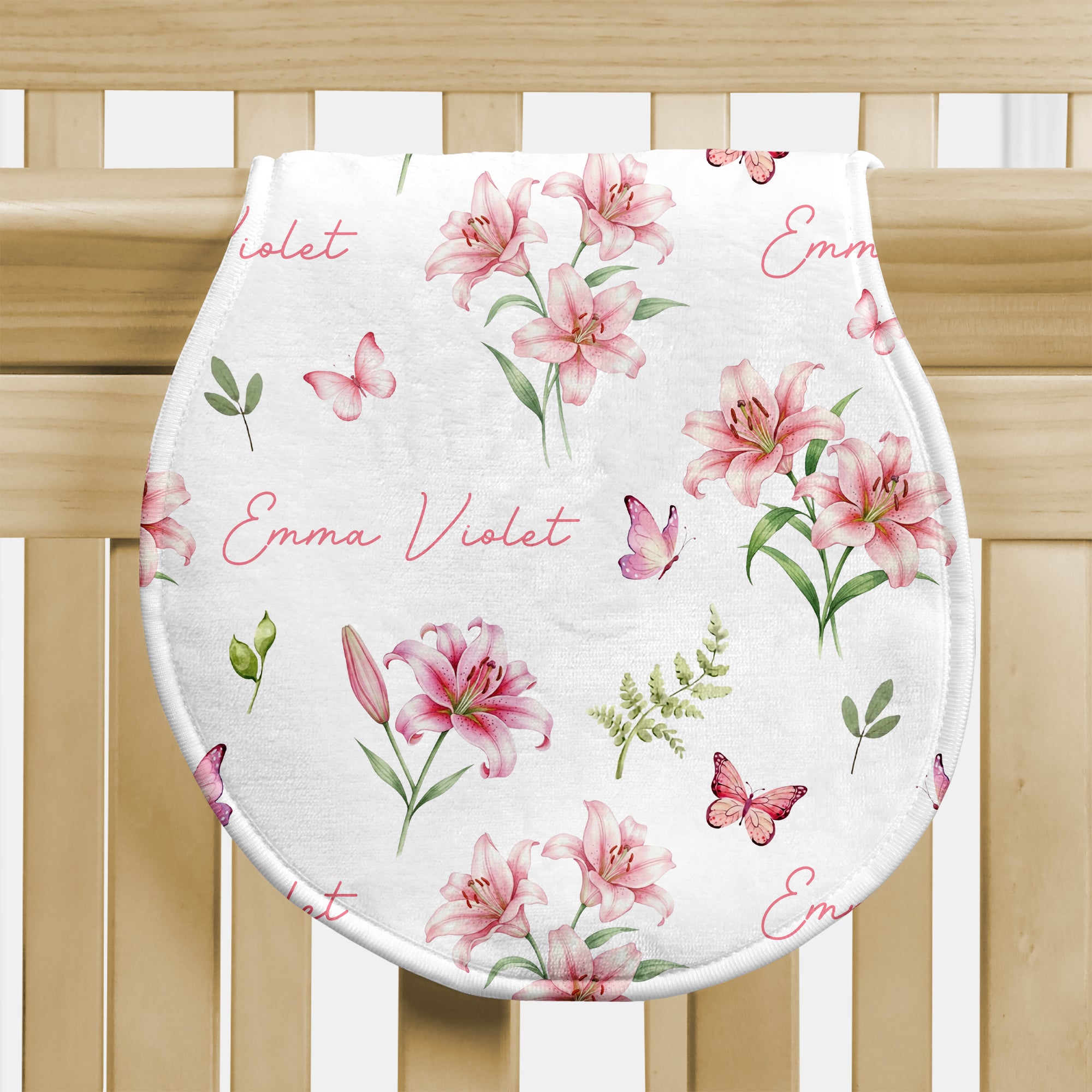 Personalized Bib and Burp Cloth Set in Pink Lilys
