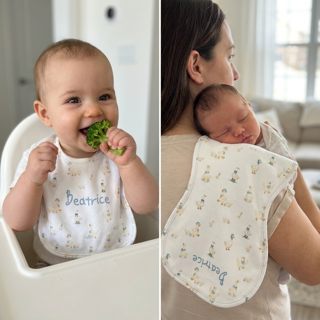 Personalized Bib and Burp Cloths in Silly Goose