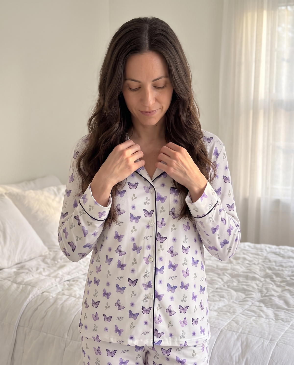 Long-Sleeved Women's Pajama Set in Purple Butterfly