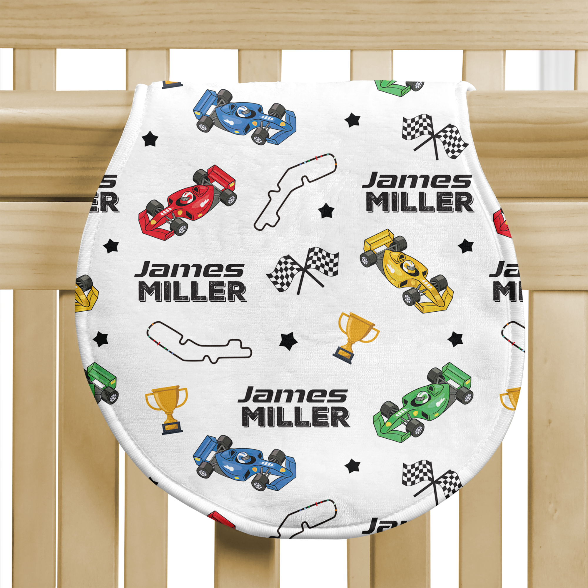 Personalized Bib and Burp Cloth Set in Pit Crew