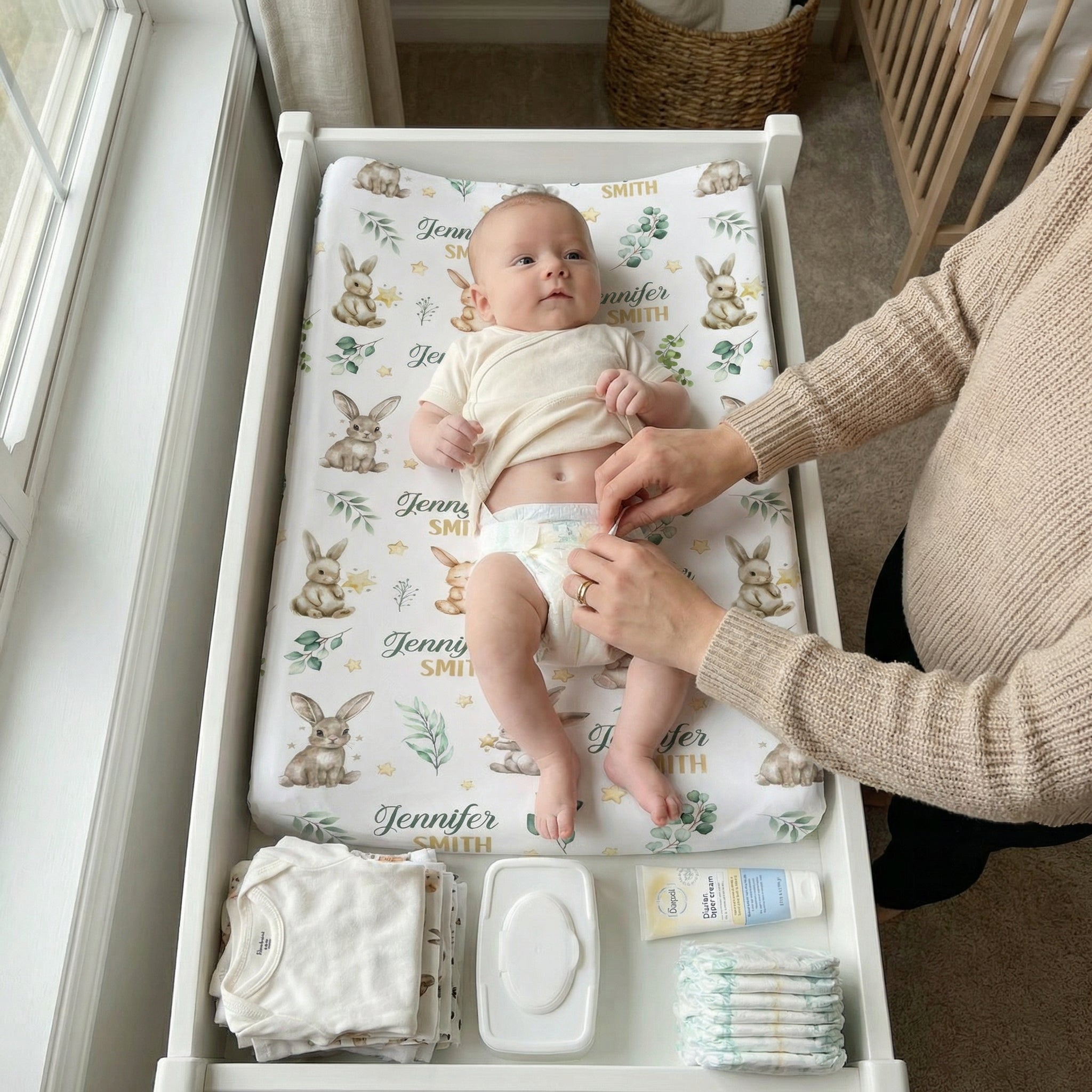 Personalized Changing Pad Cover in Bunny Garden