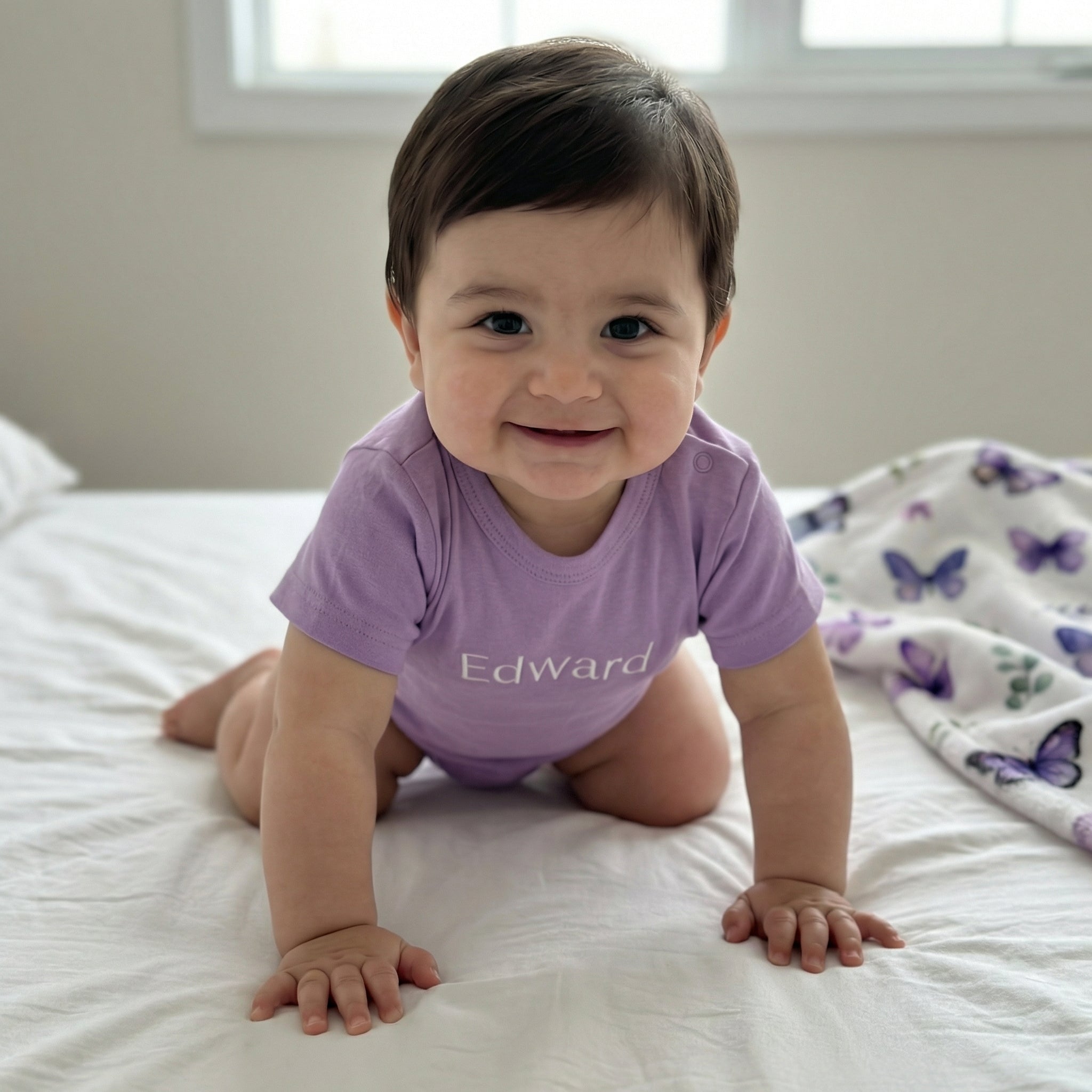 Embroidered Short Sleeve Snap Romper in Lilac Mist