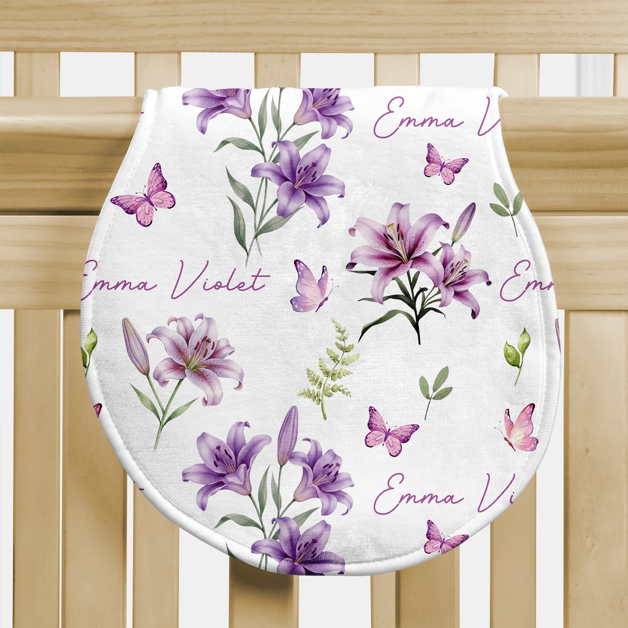 Personalized Bib and Burp Cloth Set in Purple Lilys