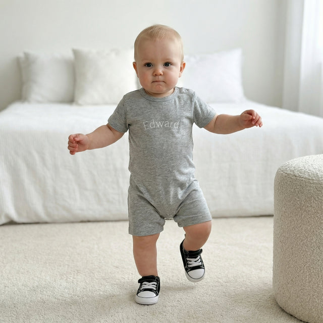 Embroidered Snap Romper in Light Gray