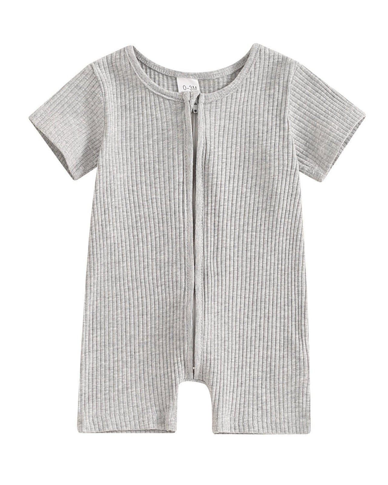 Short-sleeved Ribbed Zip Romper in Gray