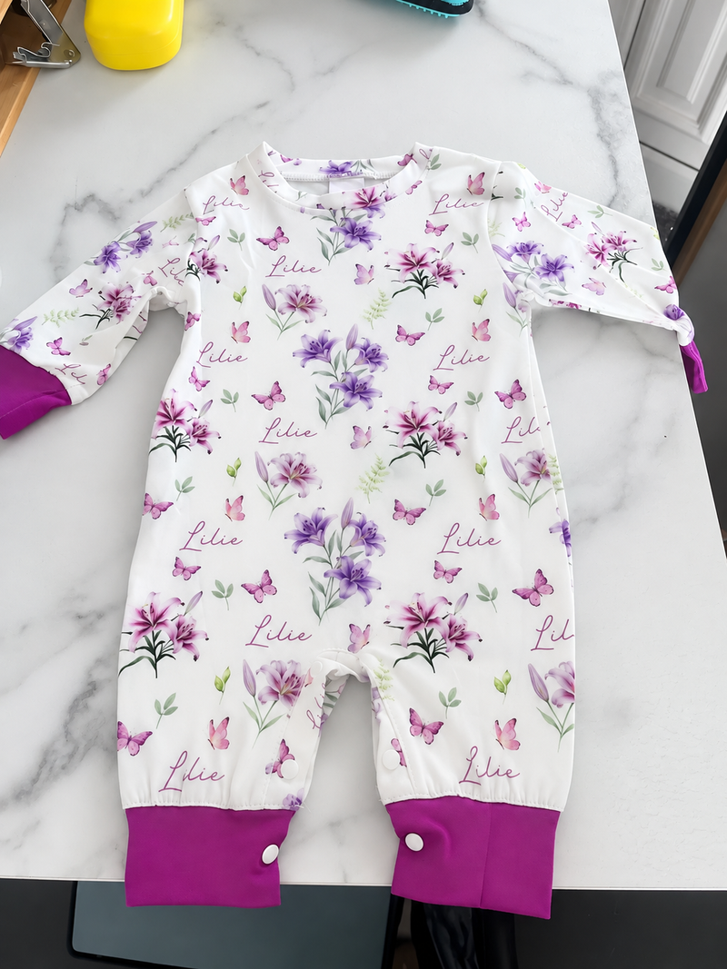LLeighh HHowardd · Personalized Long-sleeved Snap Romper in Purple Lilys