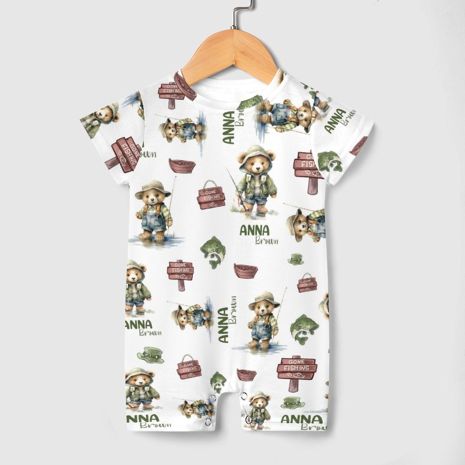 Personalized Bodysuit Romper in Bear Fishing